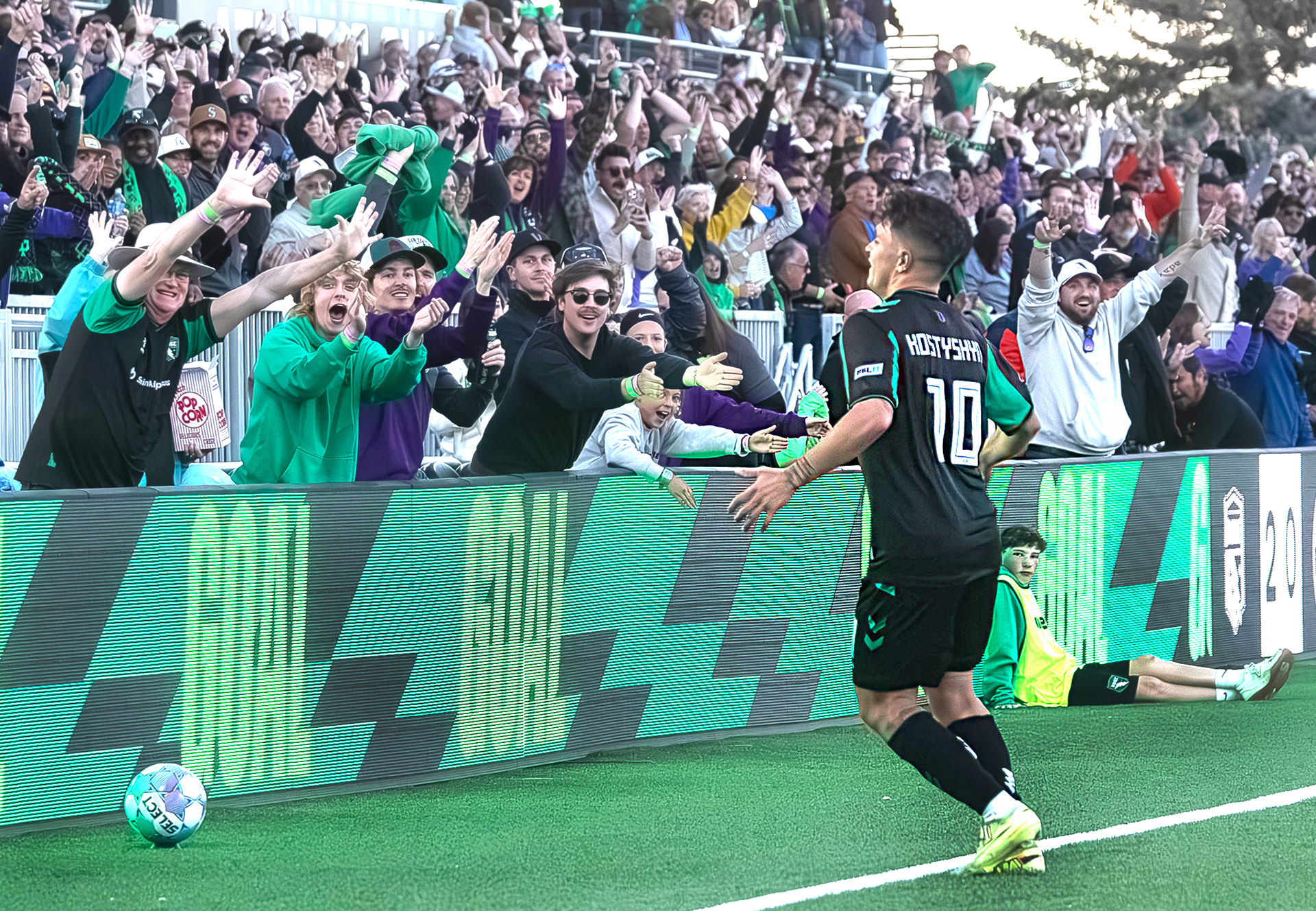 Atheletic Club Boise's Denys Kostyshyn (10) greets fans after scoring a goal during soccer match against Westchester Soccer Club at Les Bois Park on Saturday.