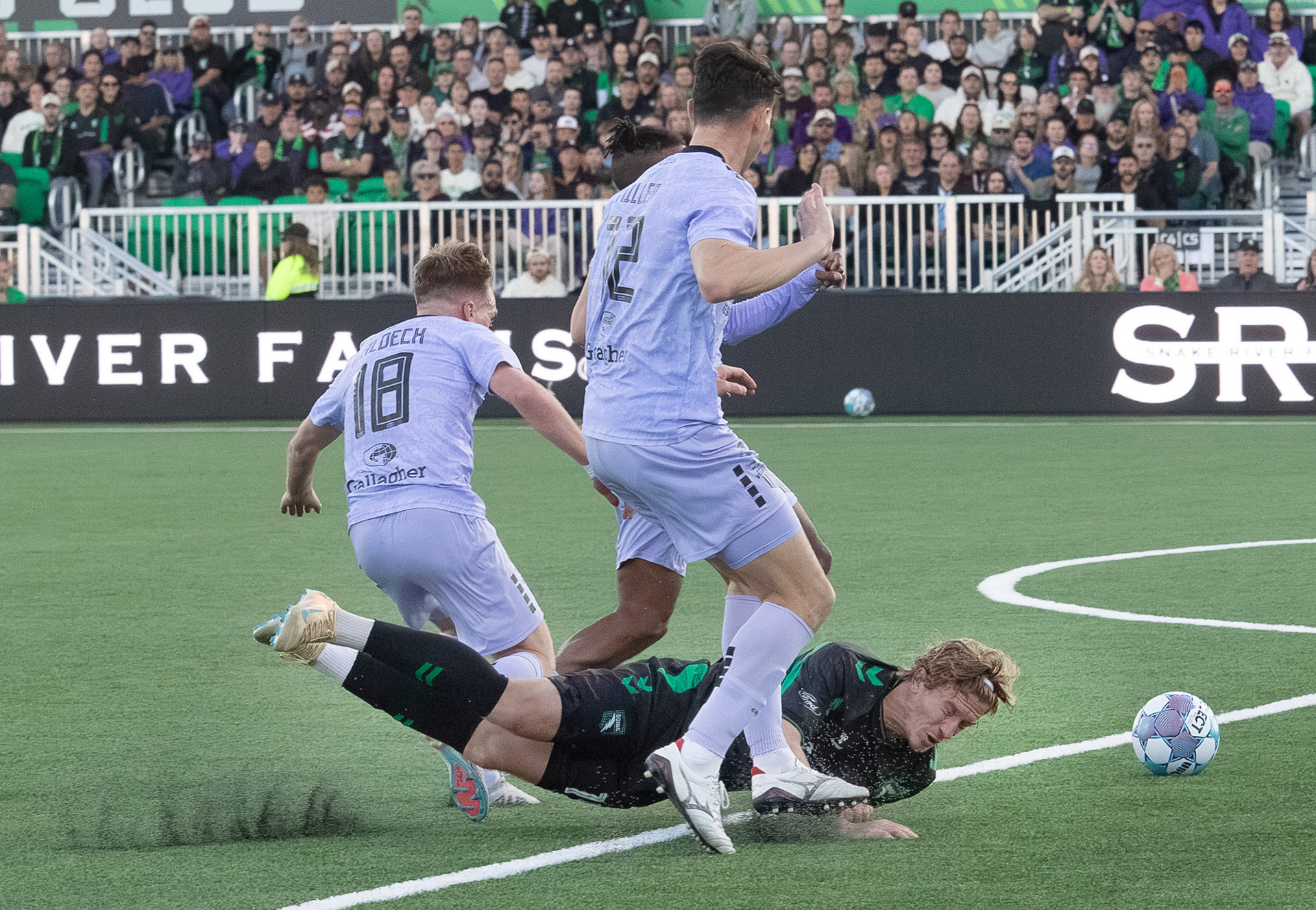 AC Boise's Nick Moon hits the ground after getting tripped up 