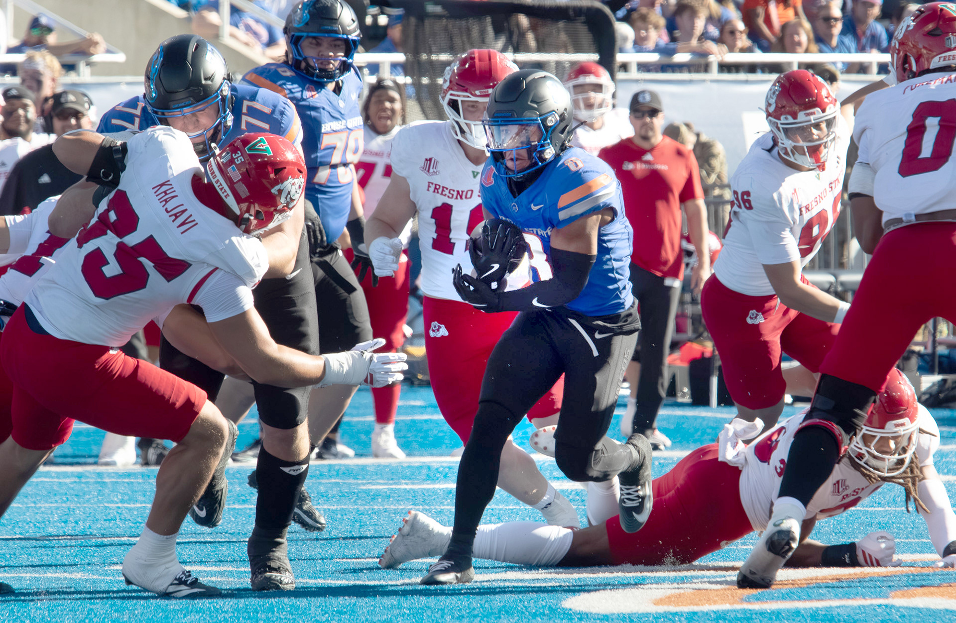Boise State University's Malik Sherrod runs with the ball during football game against Fresno State  at Albertsons Stadium Saturday, November 1, 2025