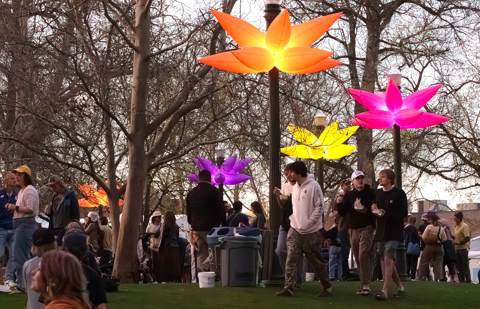 Flower bloom lights near the Band Shell and people mingling taking in the show