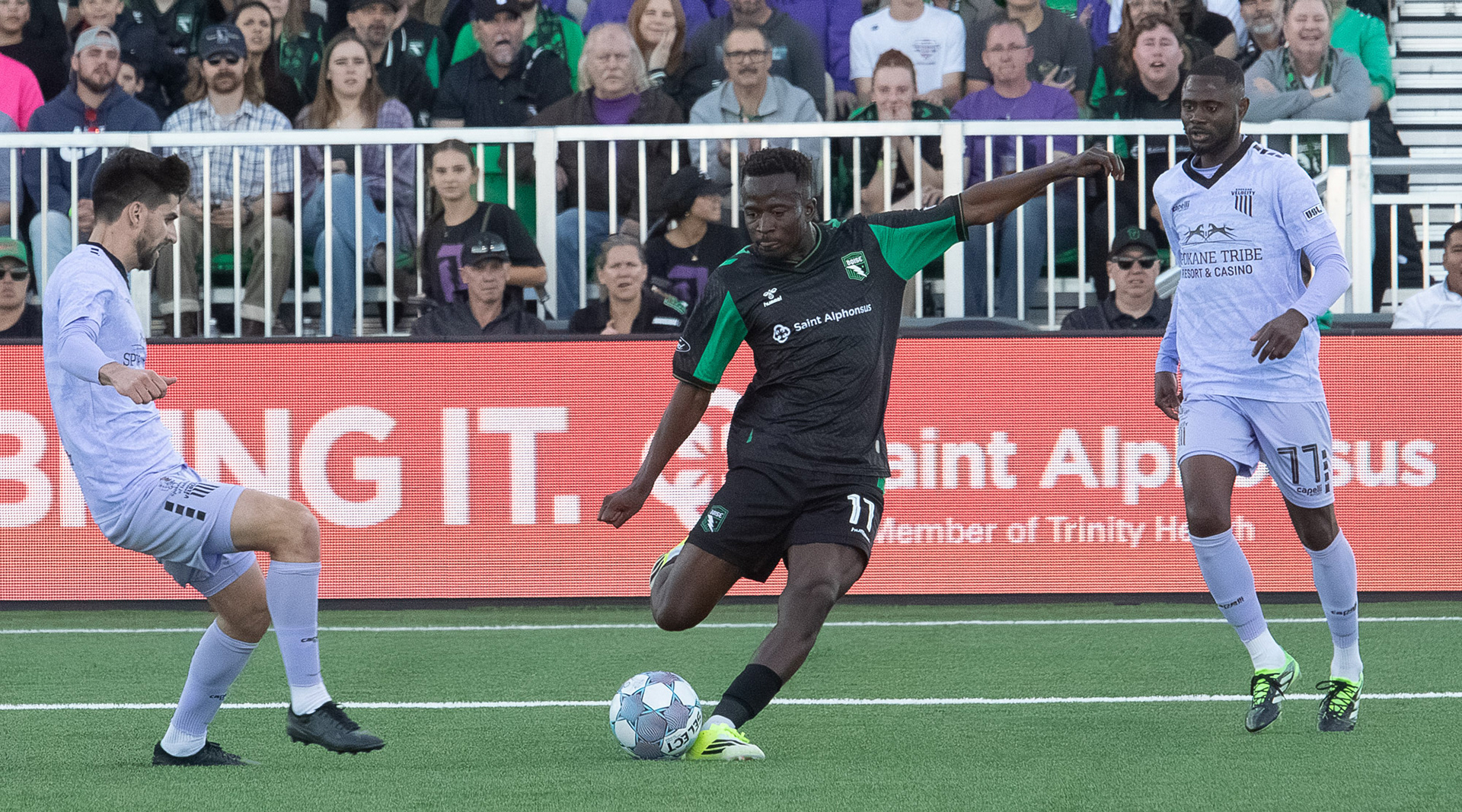 AC Boise's Tumi Moshobane #11 takes a shot during first home game for AC Boise played at Les Bois Park against Spokane Velocity on Saturday 4.4.26