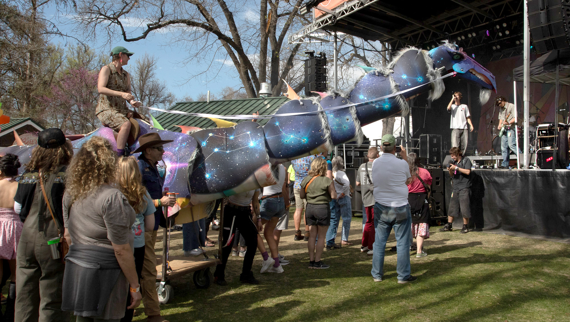 The dinosaur rolling past the Hideout