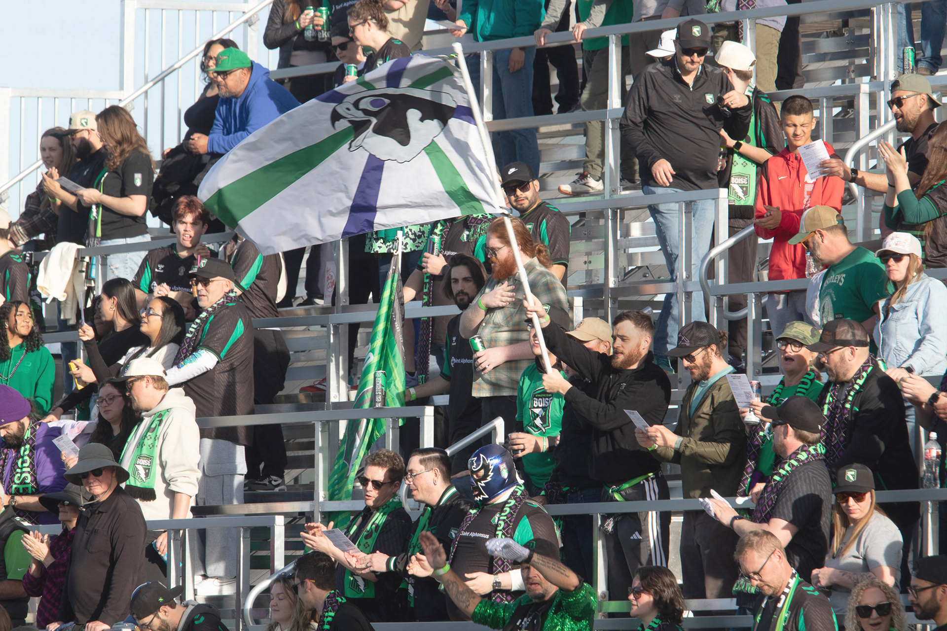 Members of the River Guard, the fan supporters of Athletic Club Boise cheer the team on during soccer  match against Westchester Soccer Club played at Les Bois Park on Saturday, April 18, 2026.