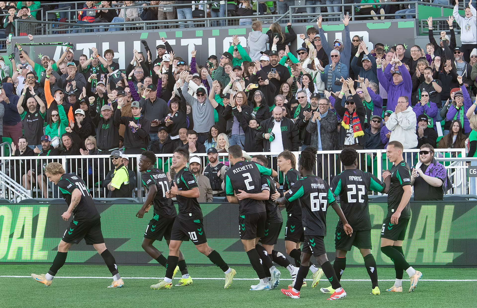Athletic Club Boise fans cheer the team on after Robinson Moshobane (11) scored a goal during a soccer match against  Westchester Soccer Club at Les Bois Park on Saturday, April 18, 2026