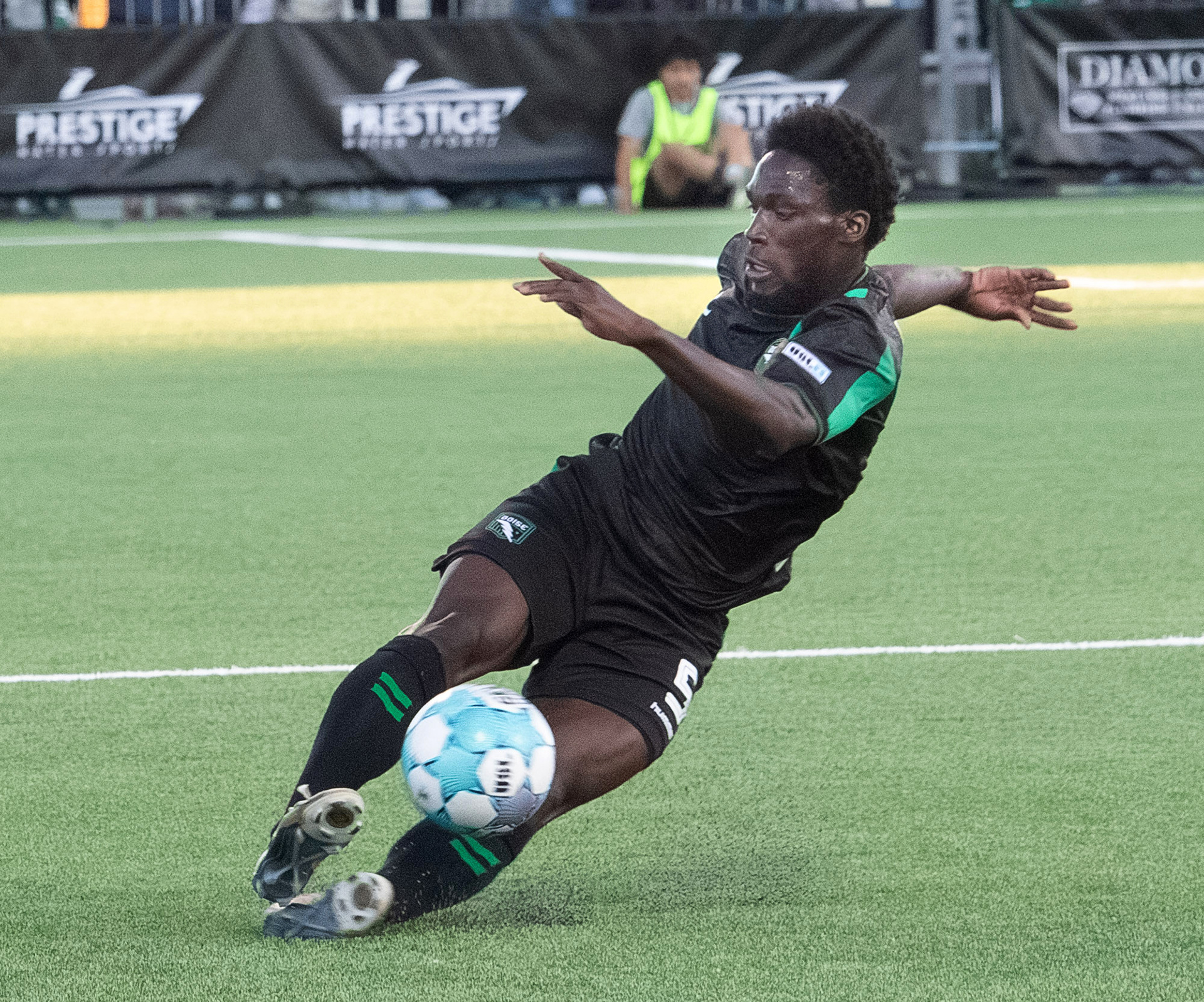 Moussa Ndiaye #5 for AC Boise turns his left ankle going for the ball during first home game at Lew Bois Park on Saturday 4.4.26