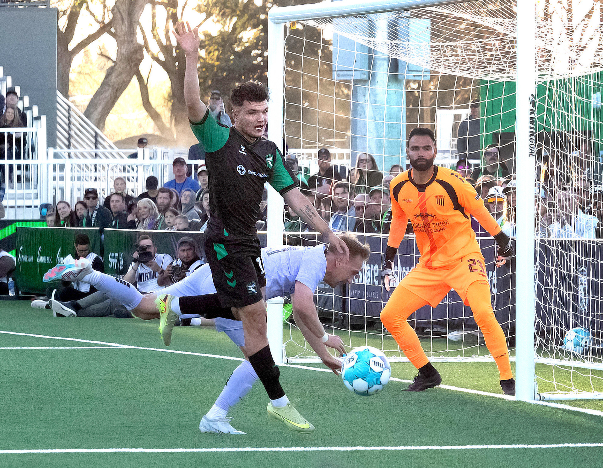 The ball is not on target for Denys Kostyshyn #10 of AC Boise to make a headshot during their first home game played against Spokane Velocity at Les Bois Park on Saturday 4.4.26