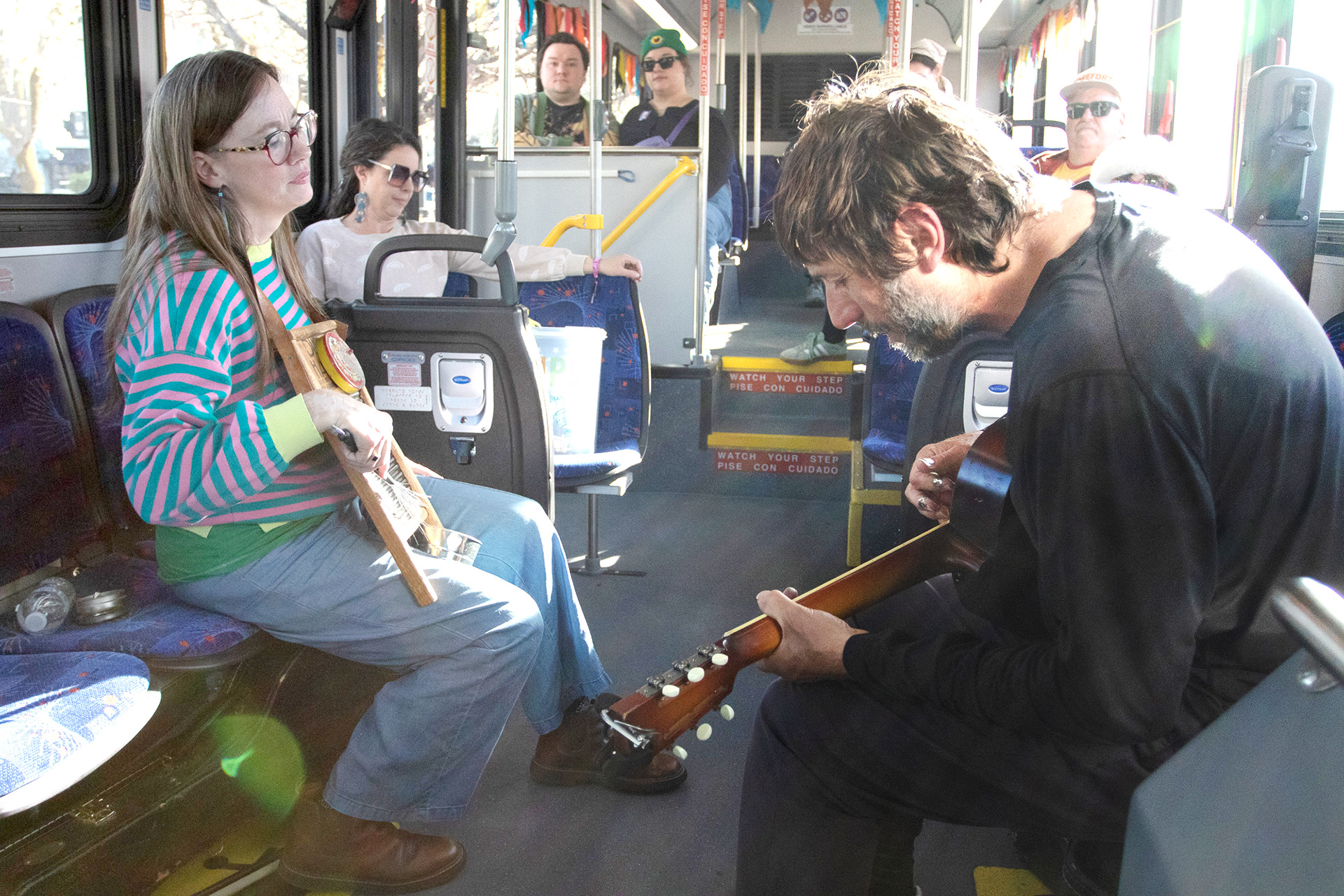 Members of Built To Spill on Treeline bus