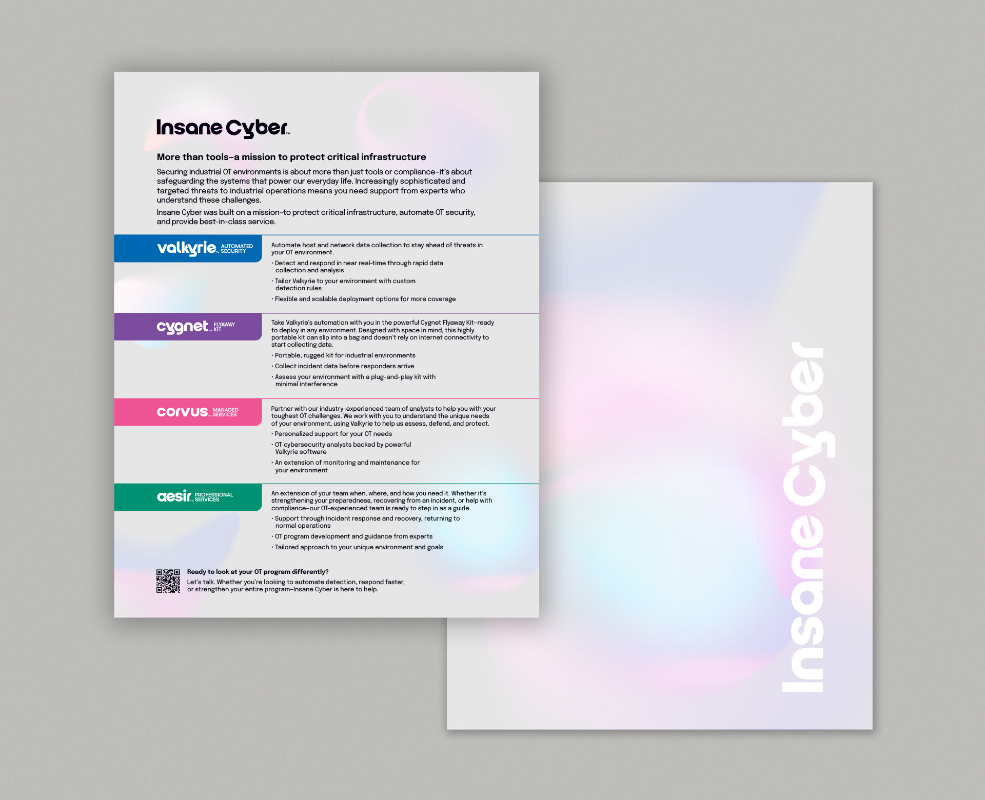 Sales sheet design for Insane Cyber's products and servies.