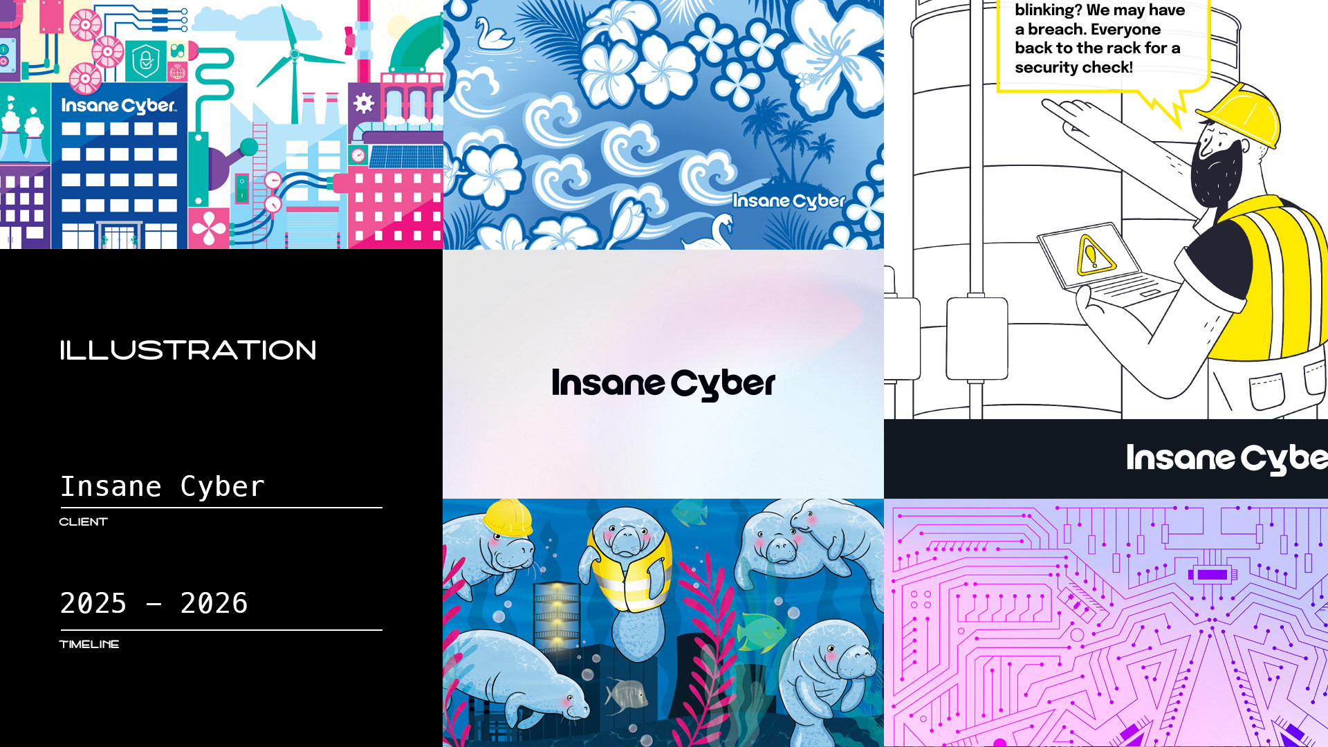 Collage of different illustrations created for Insane Cyber.