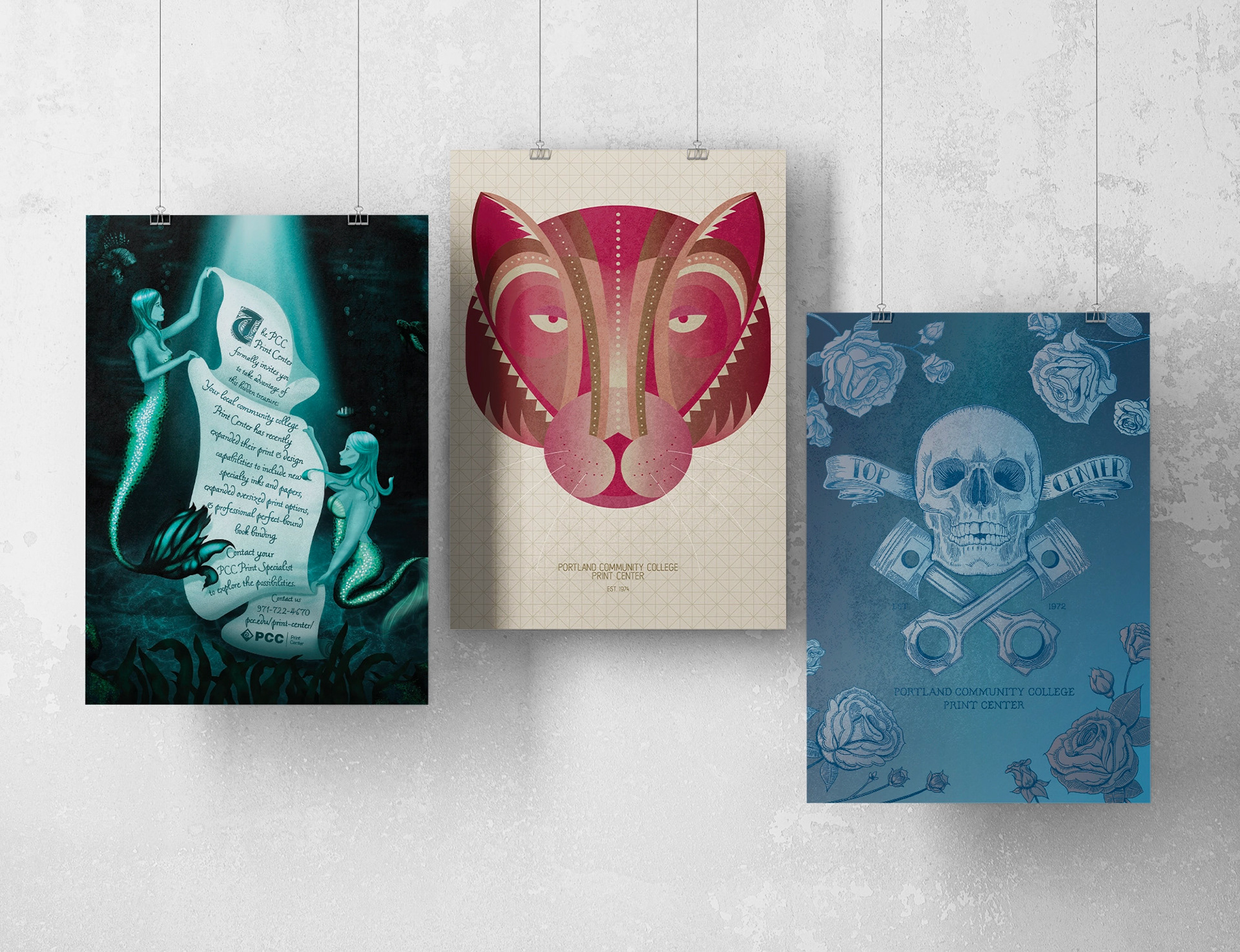 Poster designs showcasing the Print Center's new metallic, white and clear ink capabilities.
