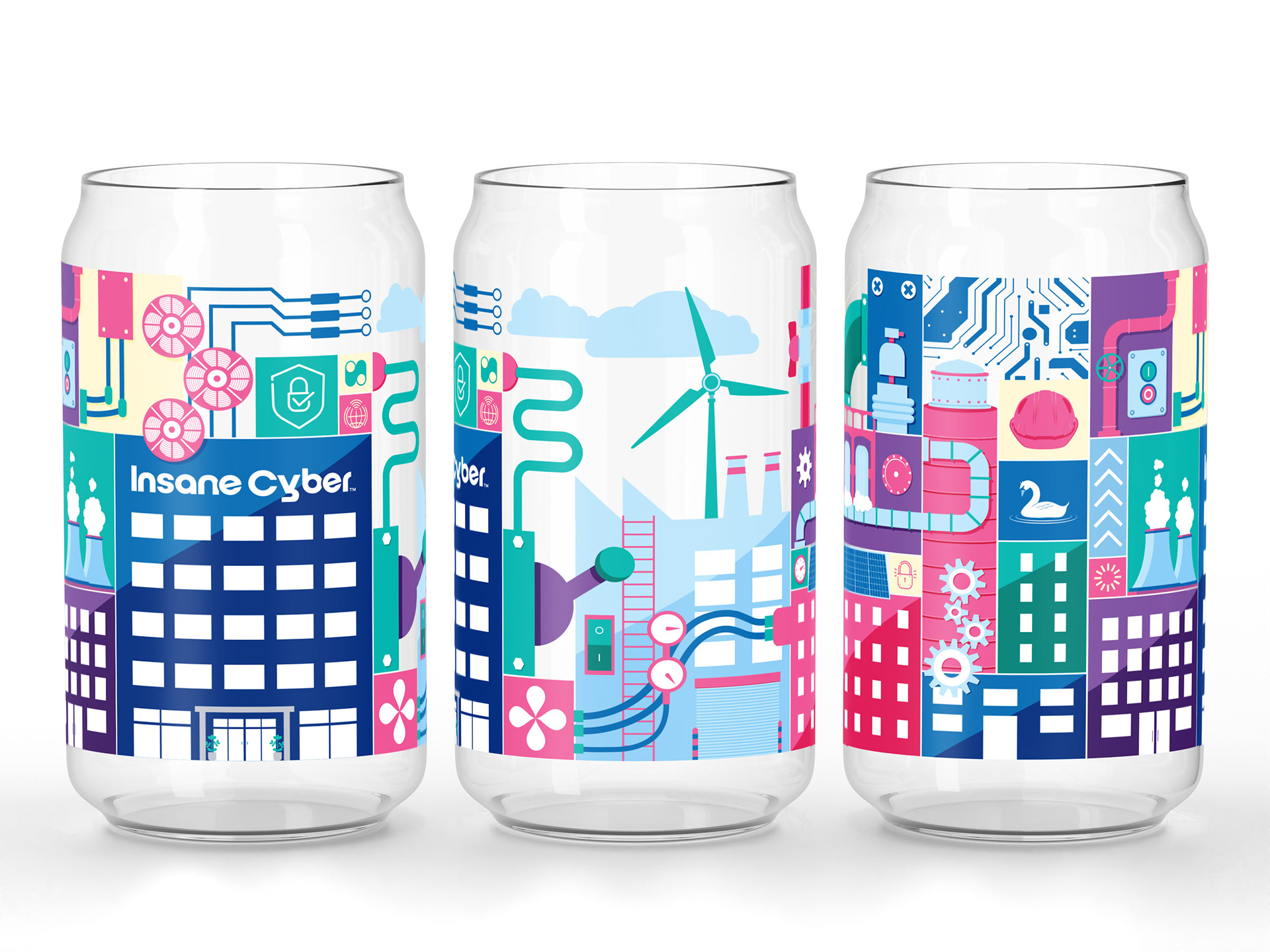 Pint glass design for a trade show, showcasing a mix of industrial and technological elements.