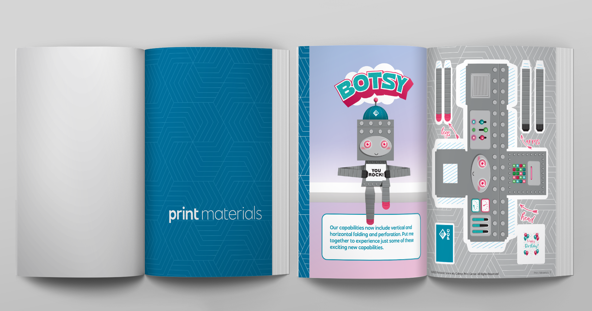 Handbook design including a tear-out paper toy character to demonstrate metallic ink, perforation, and scoring capabilities.