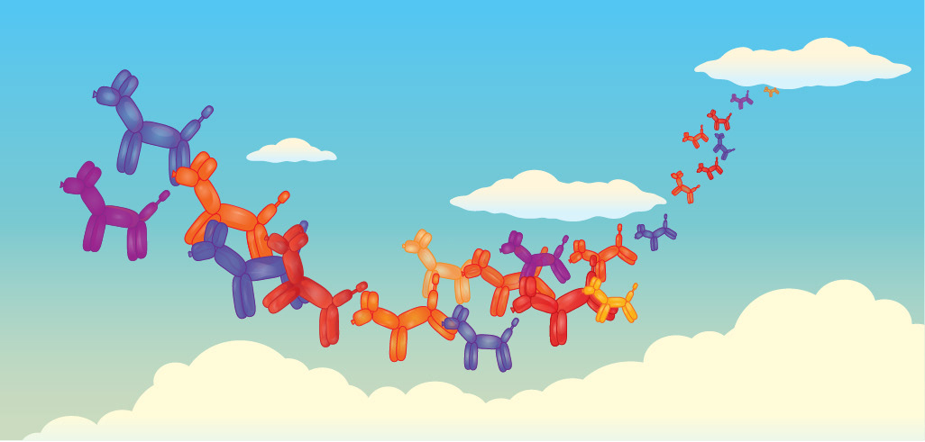 Balloon Animals floating in a pack through the sky, illustration