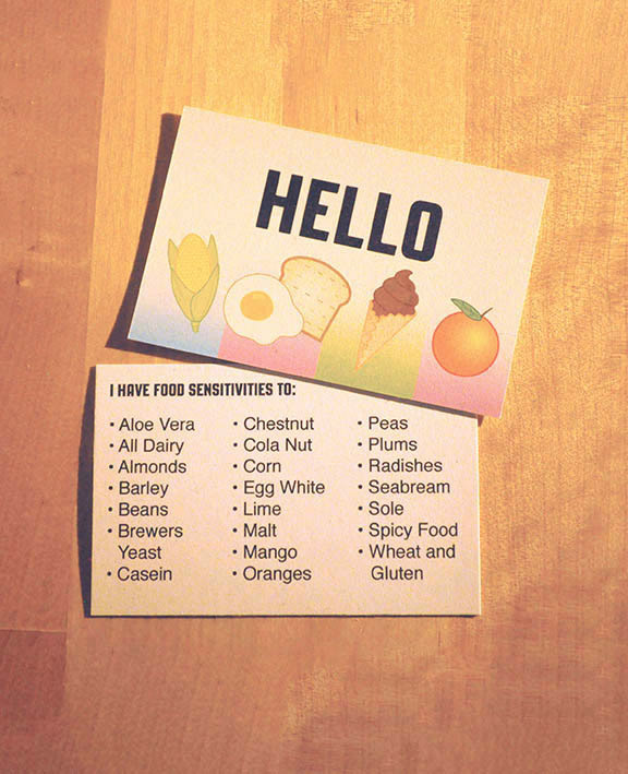 Wallet sized card listing food allergies