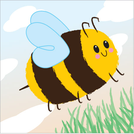 2D Illustration of a cute cartoon bumblebee landing in grass