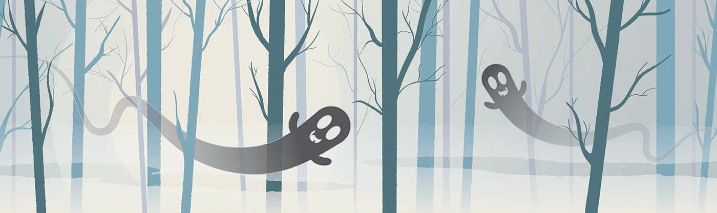 Ghosts flying through a forrest at night, illustration