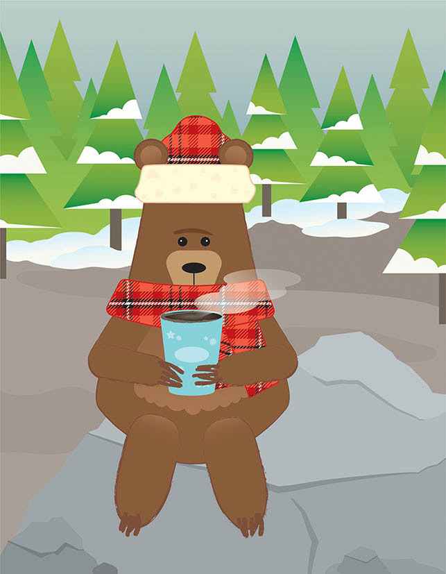 Bear sitting drinking coffee in the woods, illustration
