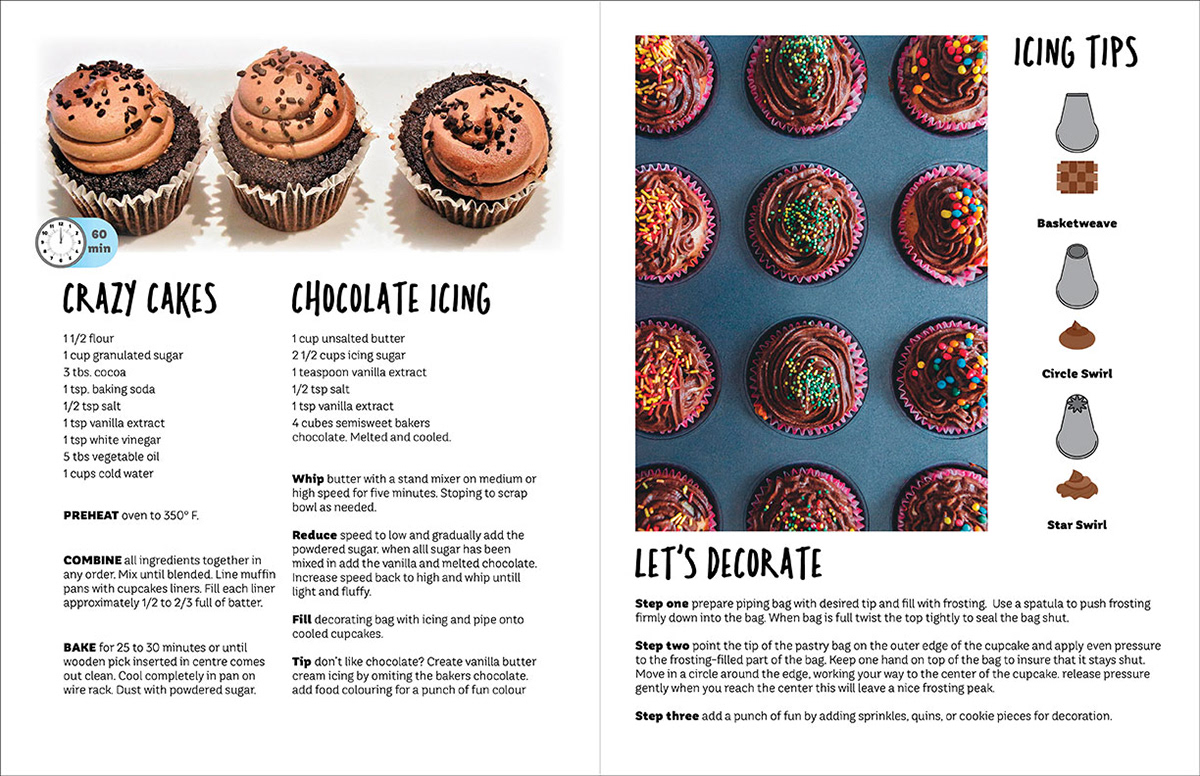 Editorial spread for crazy cake recipe and decorating tips