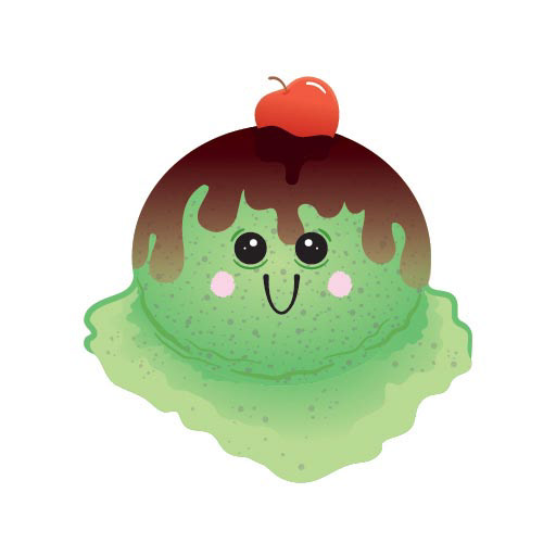 2 Dimensional character illustration depicting a scoop of melting mint chocolate chip ice cream with chocolate sauces and cherry on top. The scoop of ice cream is smiling but looks a bit stressed. 