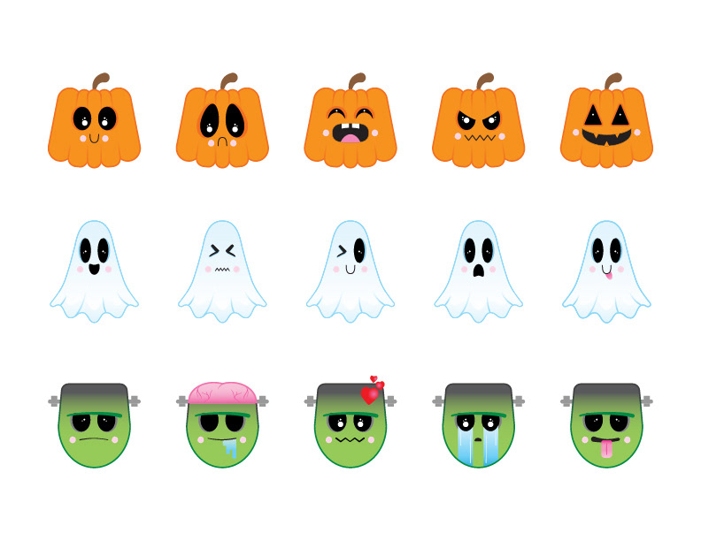 Twenty Halloween Emojies of Ghosts, Pumpkins and Frankenstein