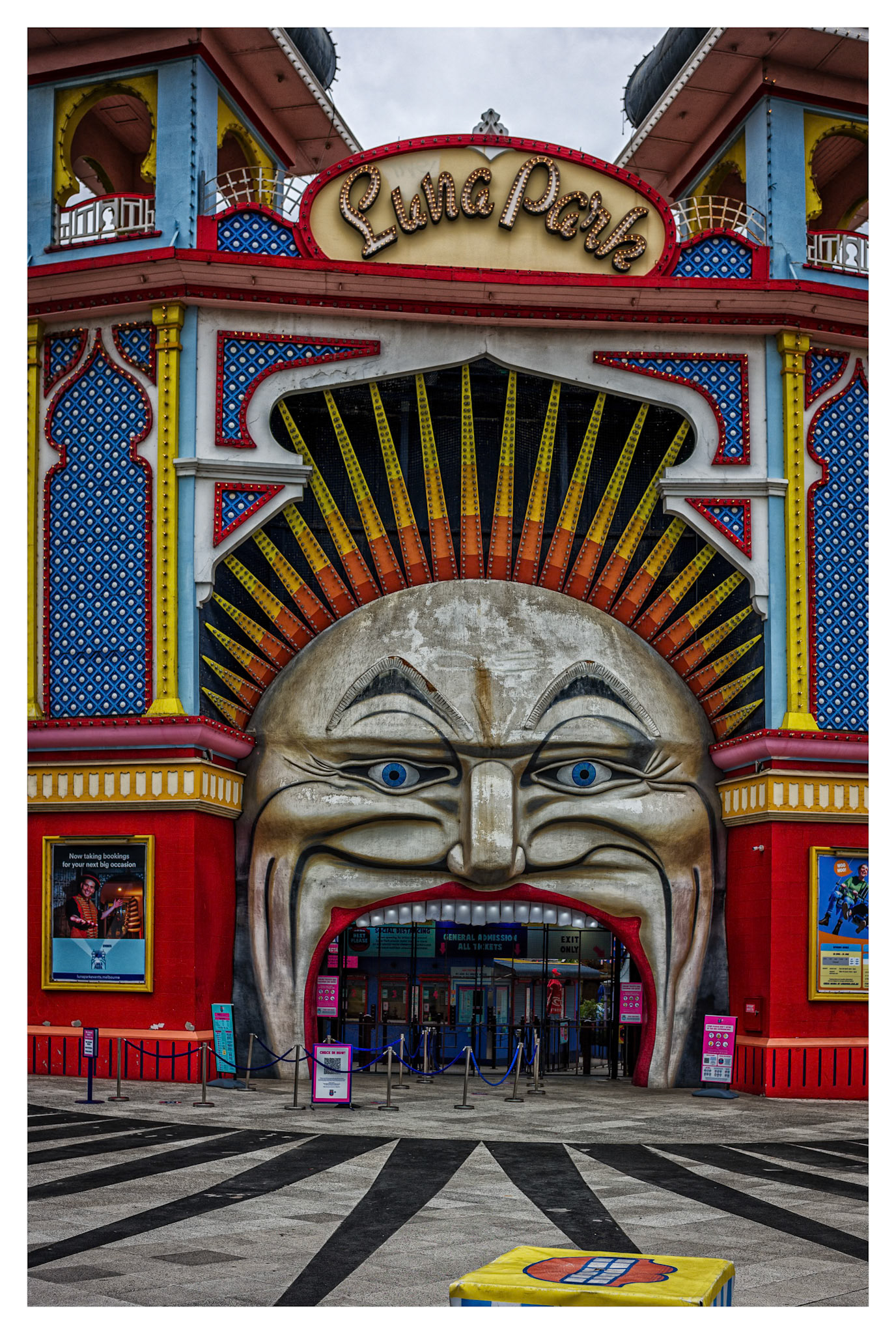 Riding some bikes around Melbourne offered some cool opportunities to capture some iconic and historical buildings.  Luna Park opened on December 13, 1912.  The main historic features of the park to remain include the iconic "Mr Moon" face entry and flanking towers (1912, restored 1999), the Scenic Railway (1912), which is the oldest continuously operating roller coaster in the world, and the carousel (1913 restored 2000).