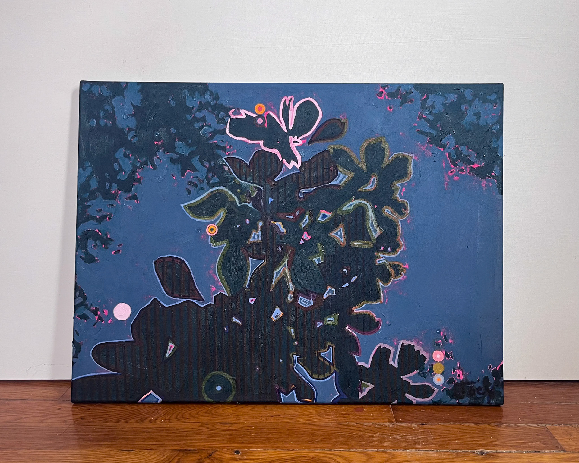 “The center of gravity between the Moon and the Earth isn’t the Earth”, Oil on canvas, 24 x 36 inches, July 2024