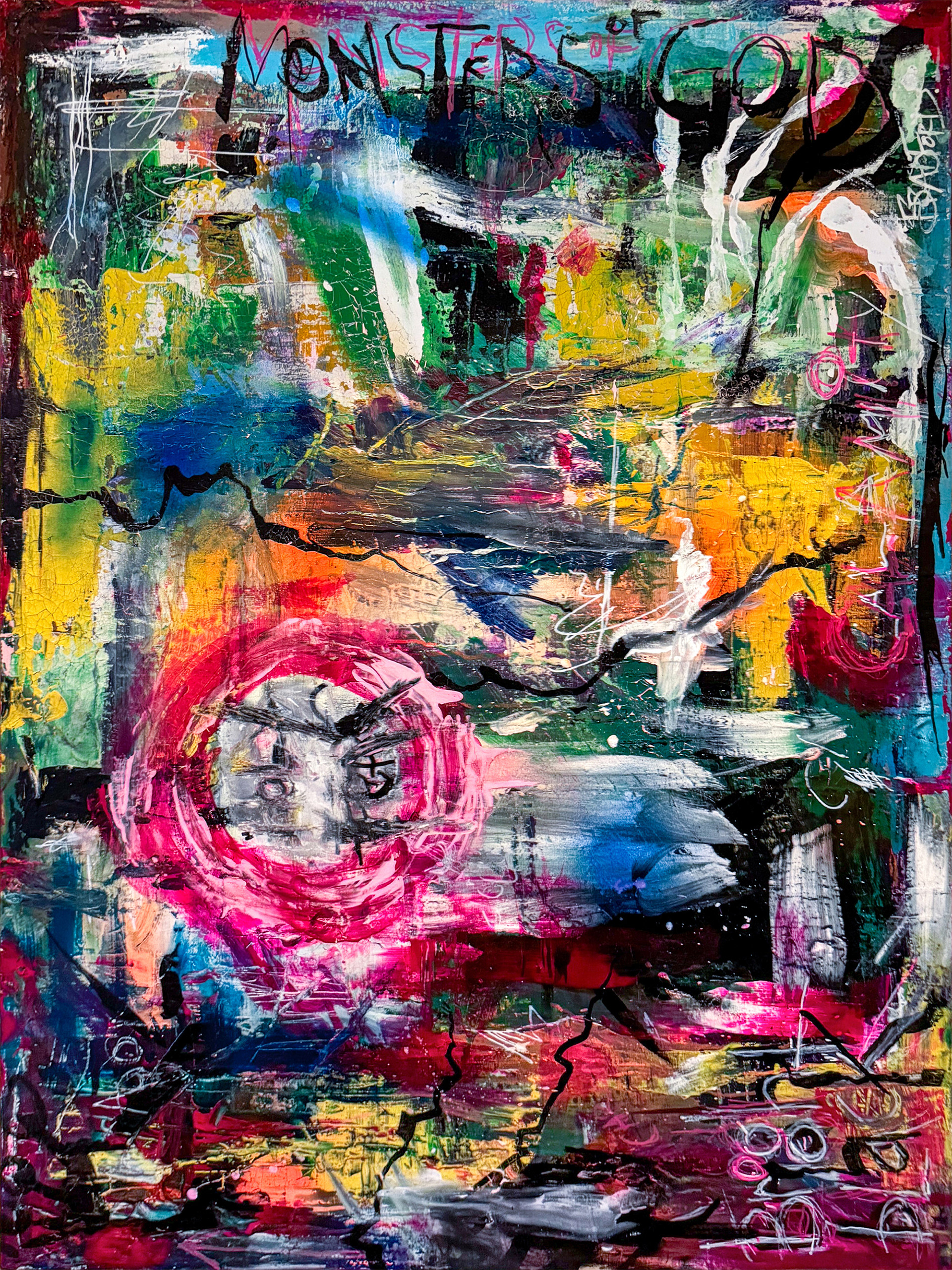 "Monsters of God", 2023. 27" x 36". Acrylic, Oil & Enamel on Canvas