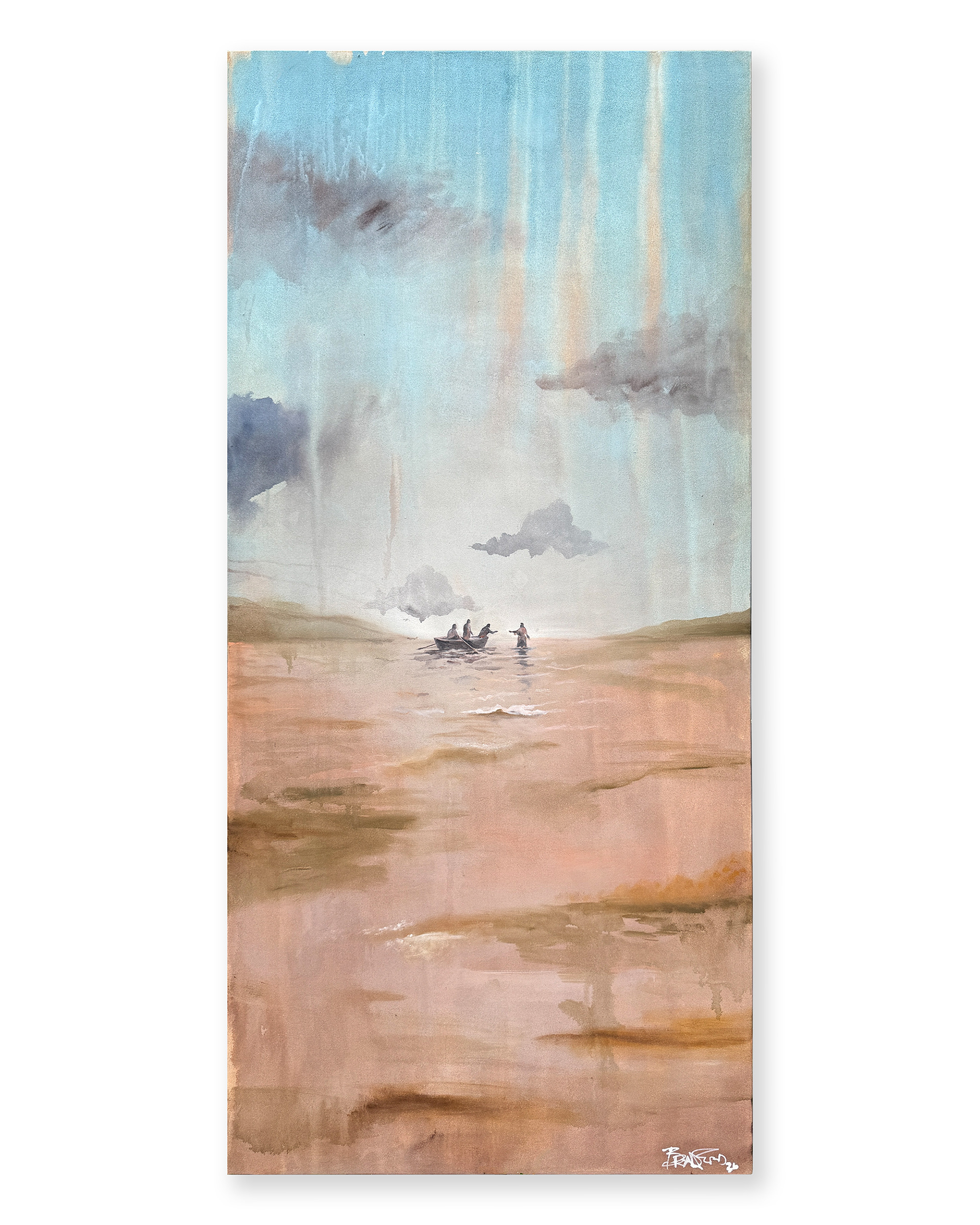 "Where it Holds", 2026. 77" x 36", Latex & acrylic wash on raw canvas.