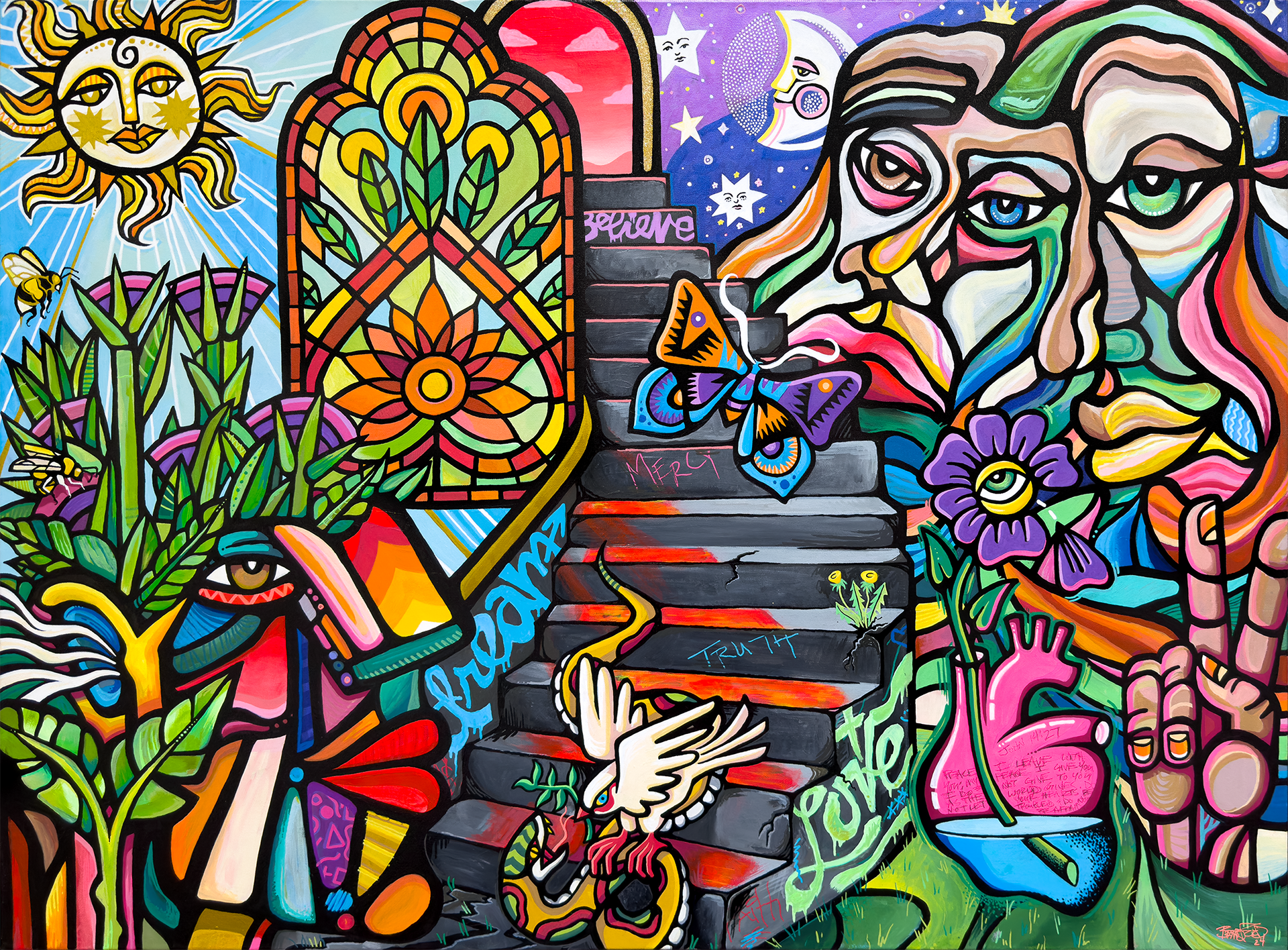 "Exodus", 2025. 48" x 36". Acrylic, Enamel & Oil on Canvas