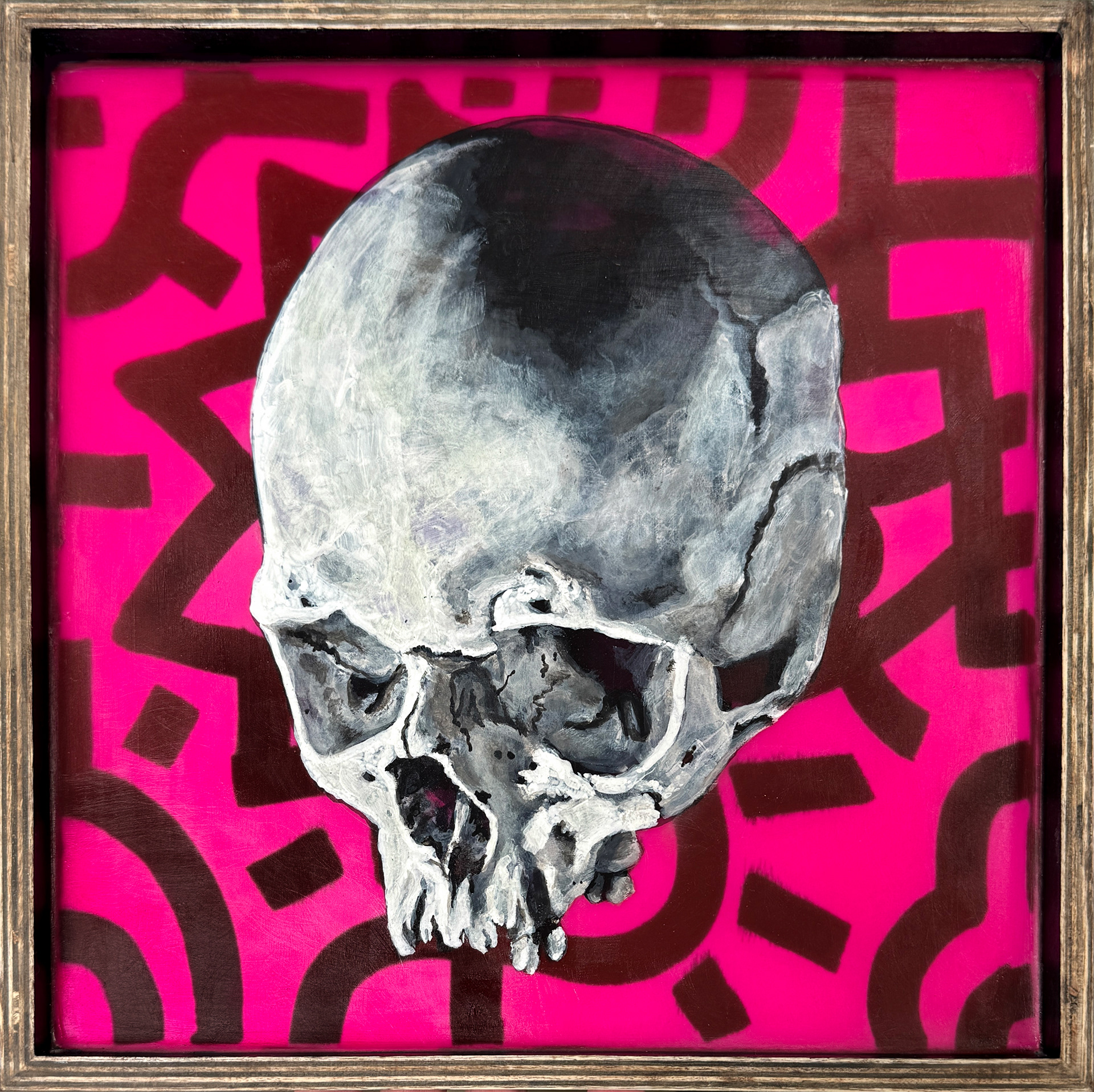 "Skull 1" 2025. 12"x12", Acrylic, marker & resin on wood.