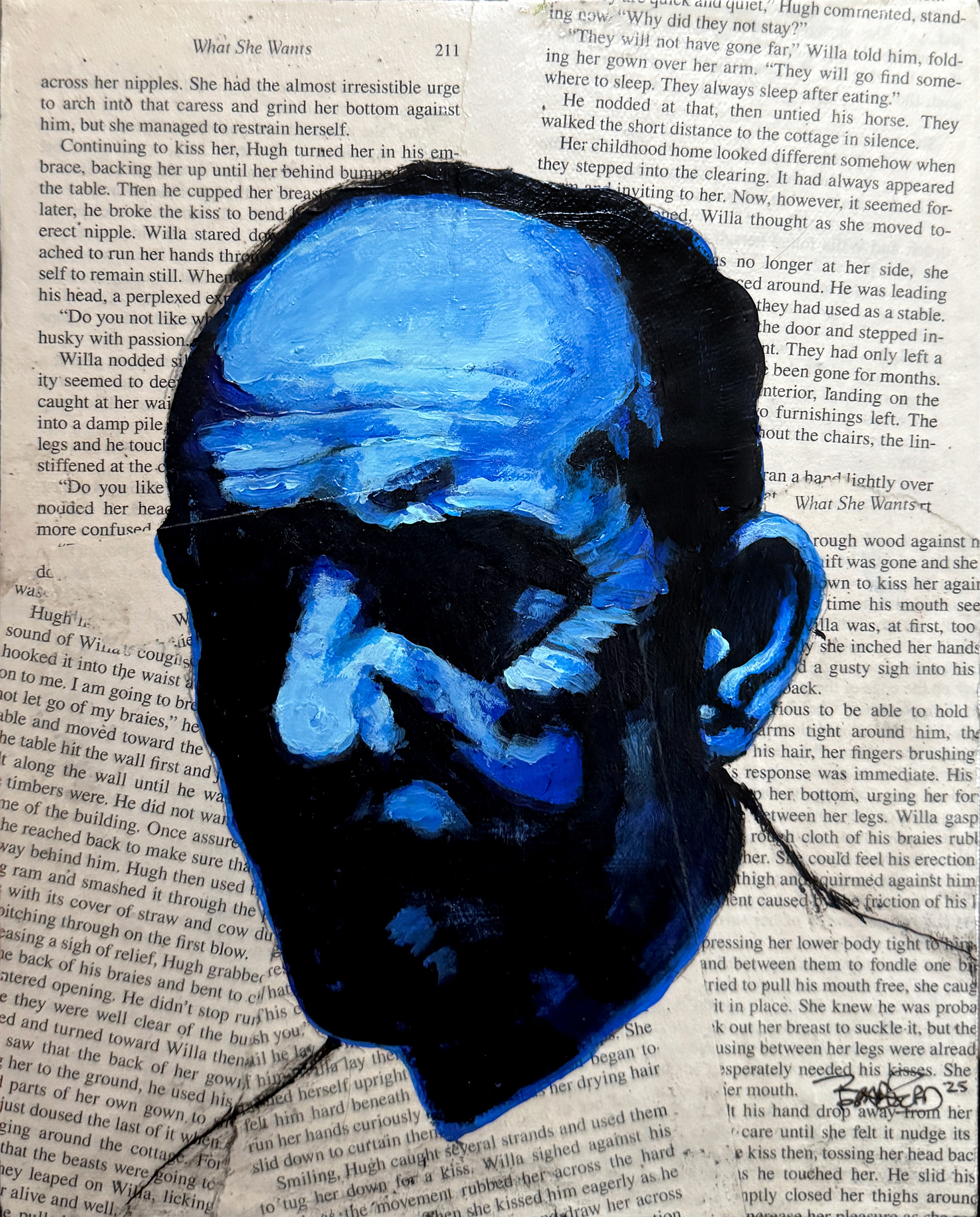 "Cloak of Fools" 2025. 8" x 10", Acrylic & Novel Pages on Canvas