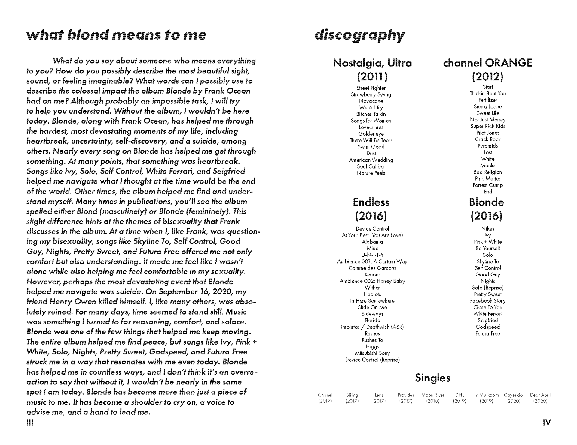 Personal anecdote, Frank Ocean's discography