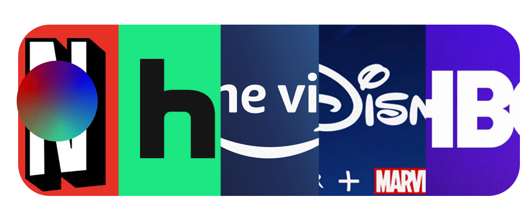 The rainbown mascot going on top of the famous streaming services logos.
