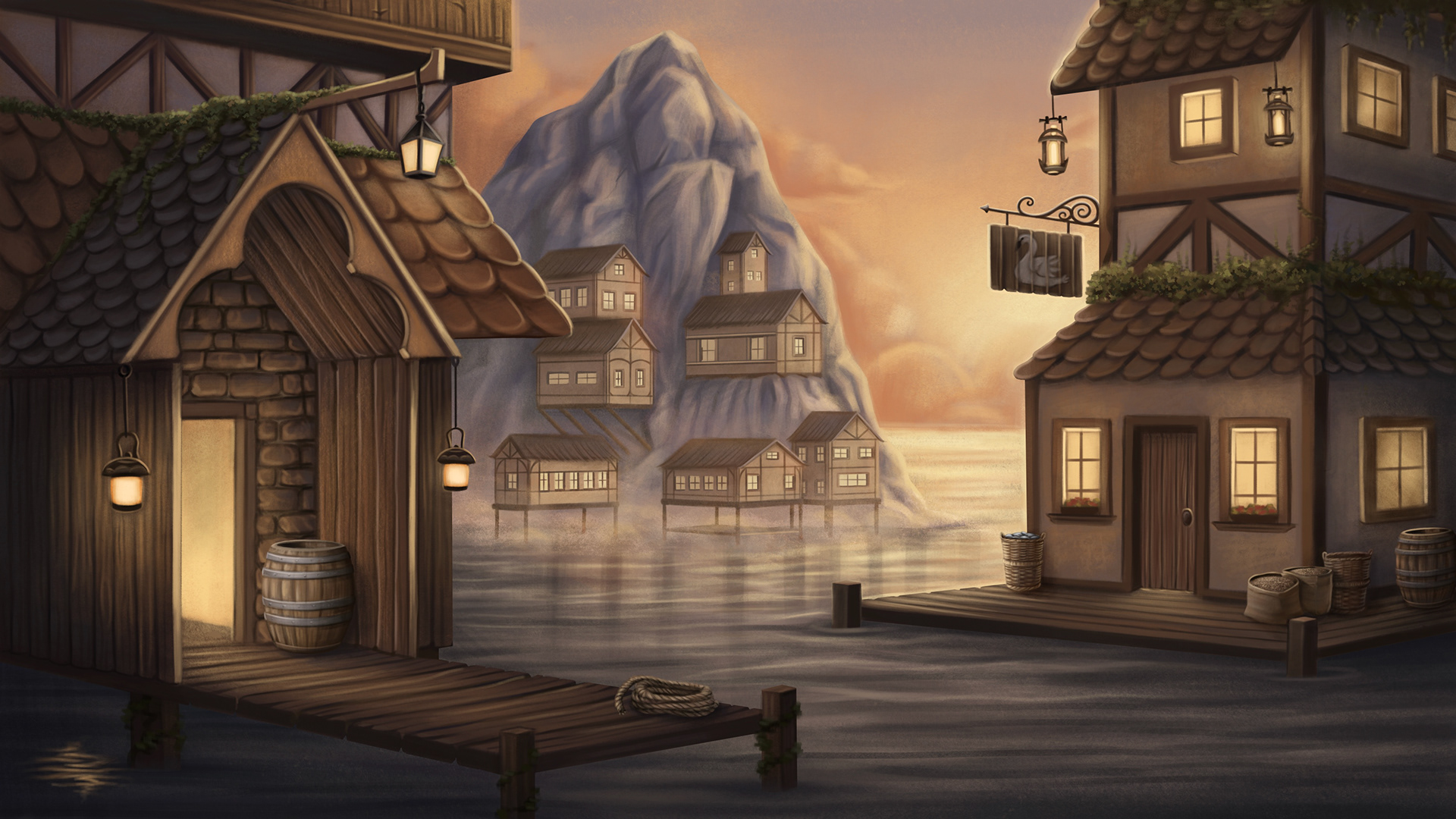 “Harbor Village” Concept Art, Procreate, 2024