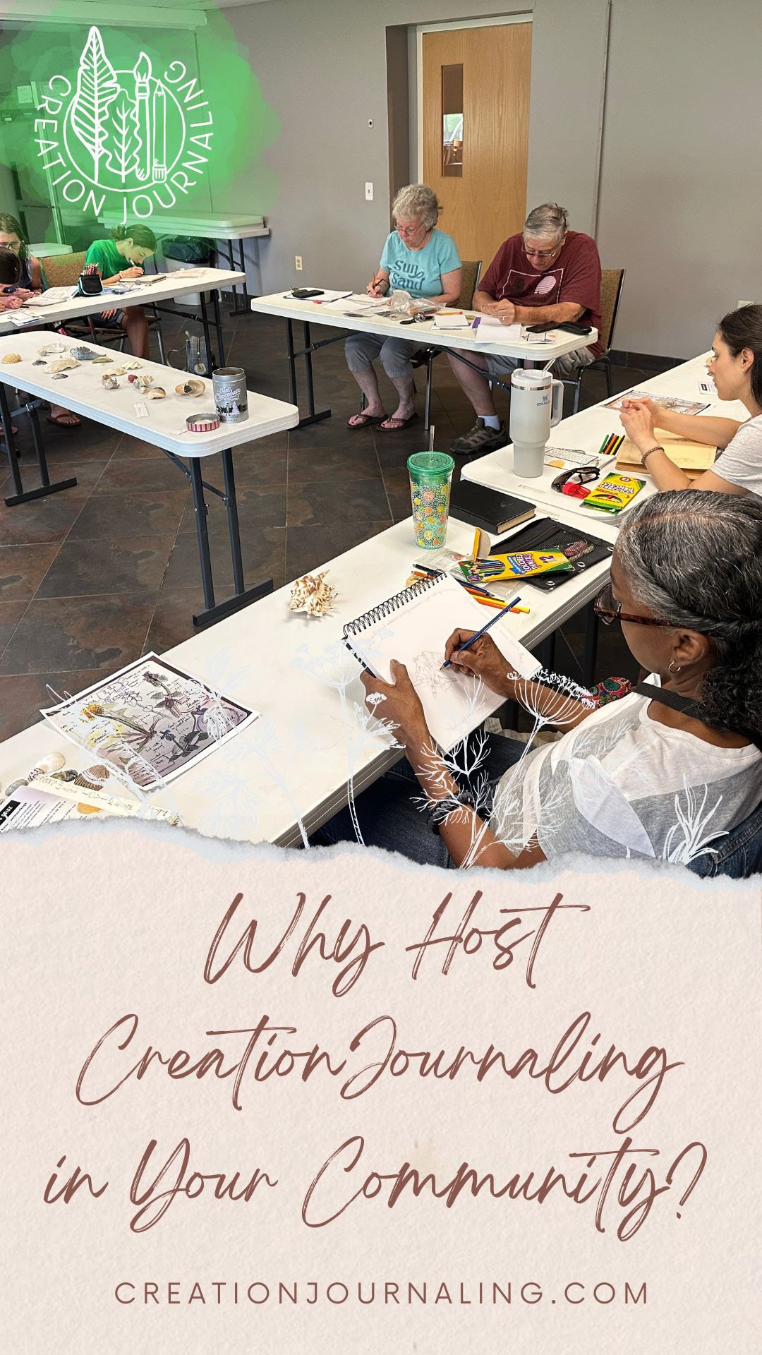 Why Host Creation Journaling? A group of people sitting at tables drawing seashells