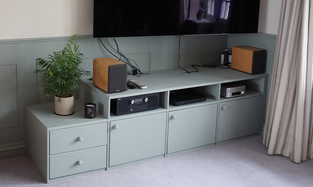 and matching wall panelling, all finished in Farrow and Ball 'Pigeon'