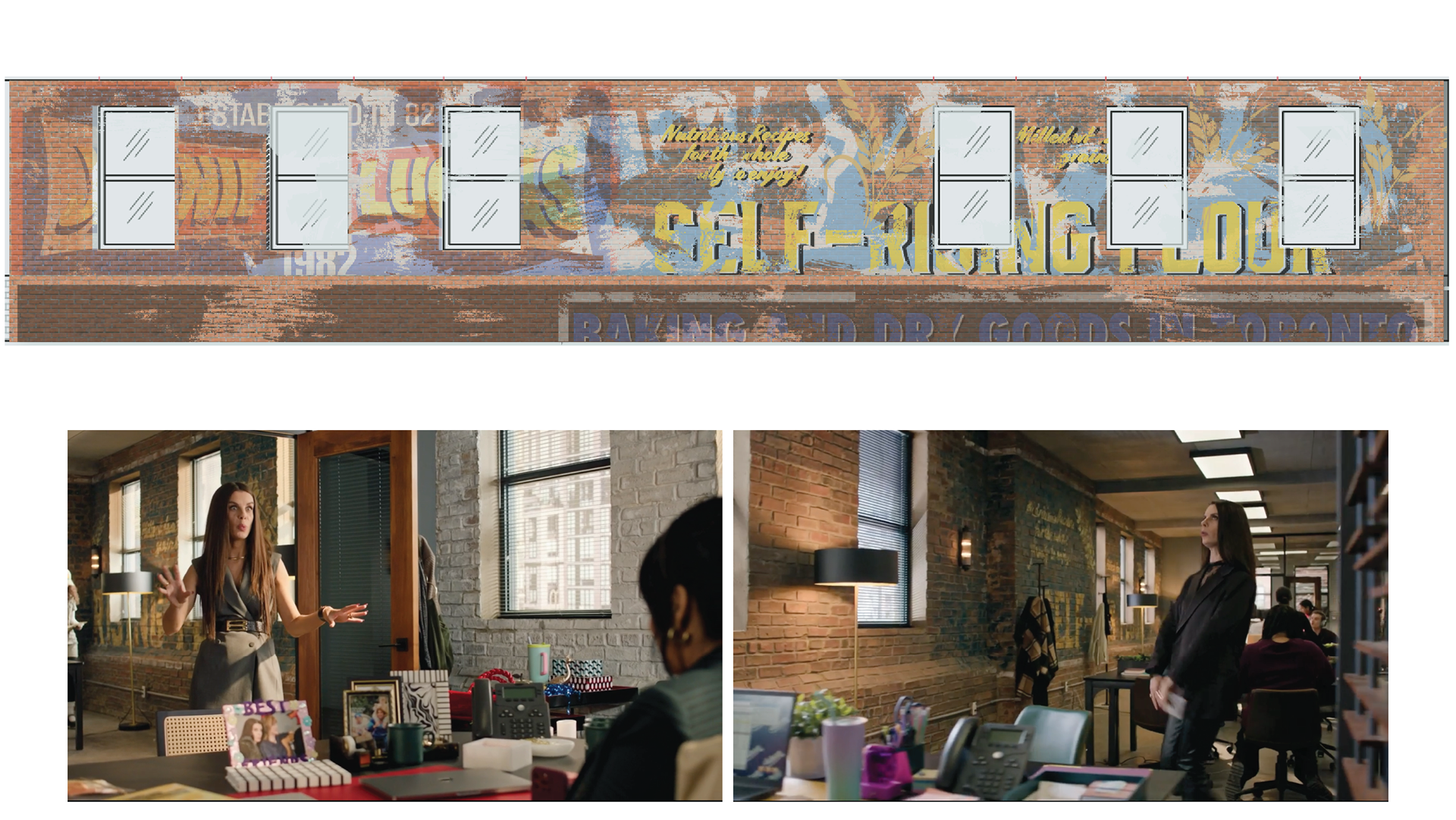 Vintage exposed brick office hinting at its past with a faded mural from its past life.