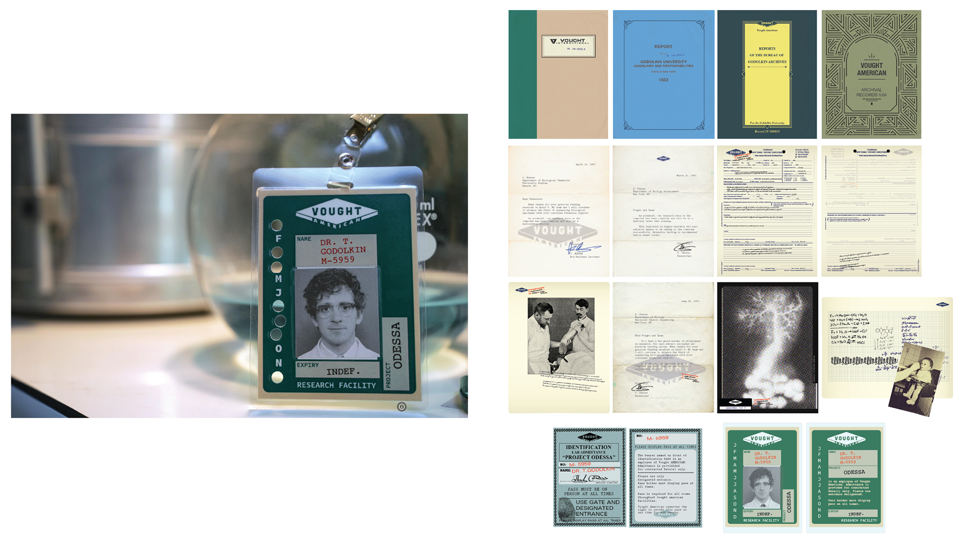 Set in the 1950's, lab notes and paperwork were designed to match that period.