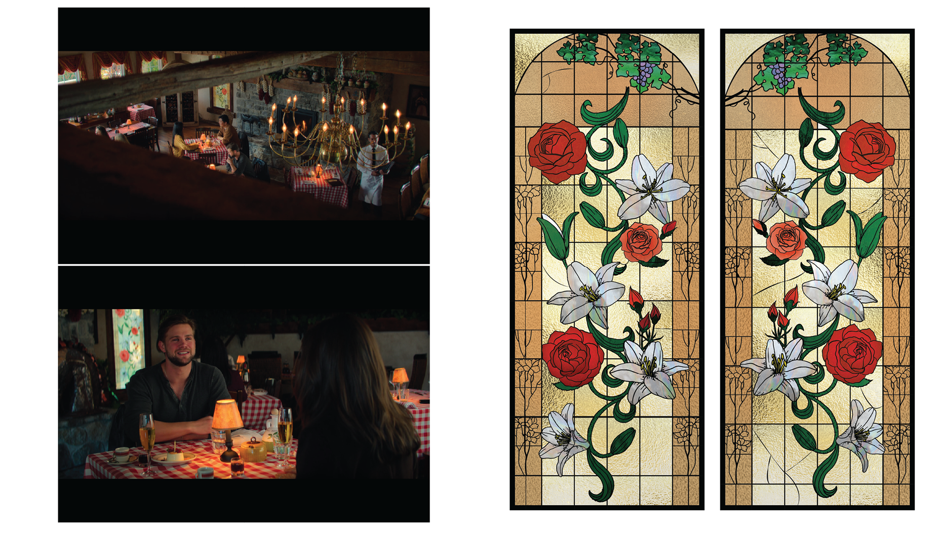 Stained glass panels created for a romantic trattoria on a farm.
