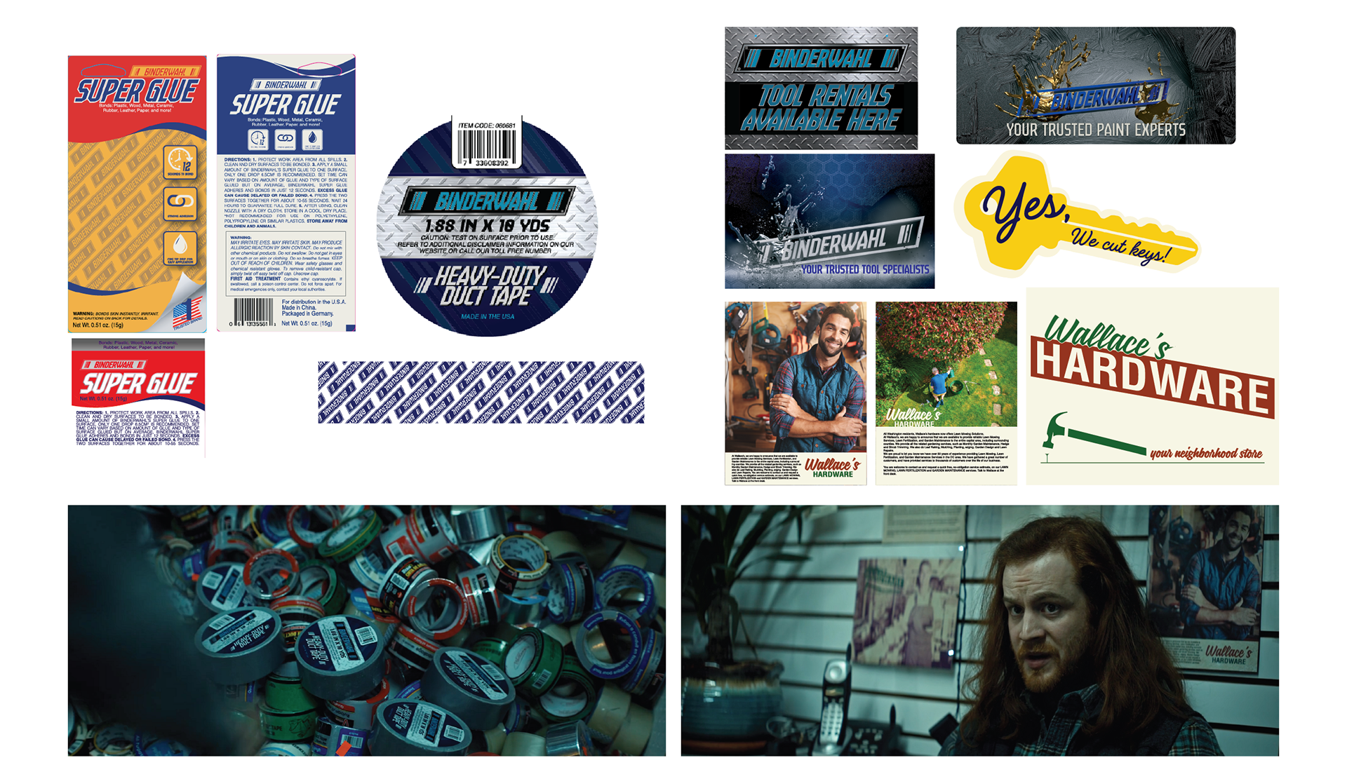 Super Glue Packaging, Duct Tape Design, General Hardware Signage.