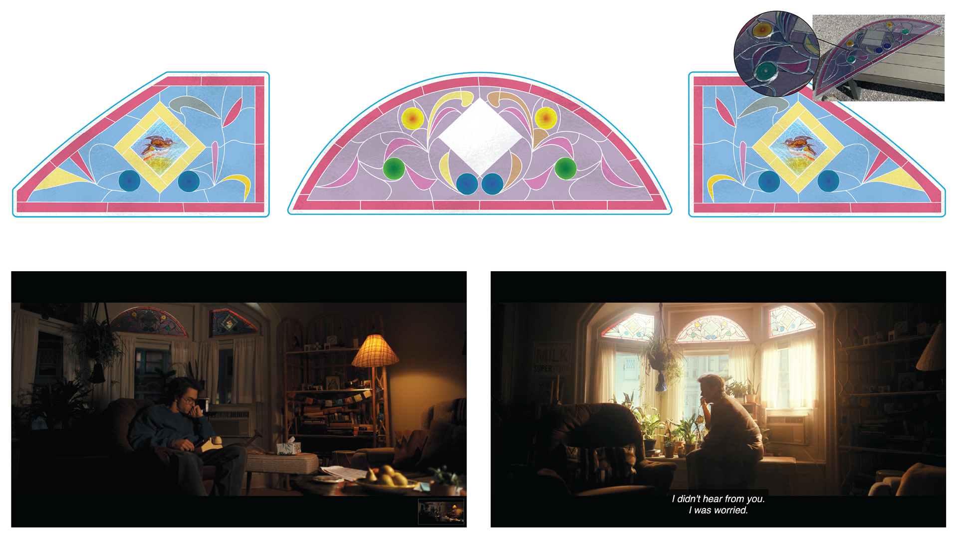 Replicated Real Life Stained Glass for Studio Set. Window Film Printed to Plexi and Hand Molded Patina Finished Edges.