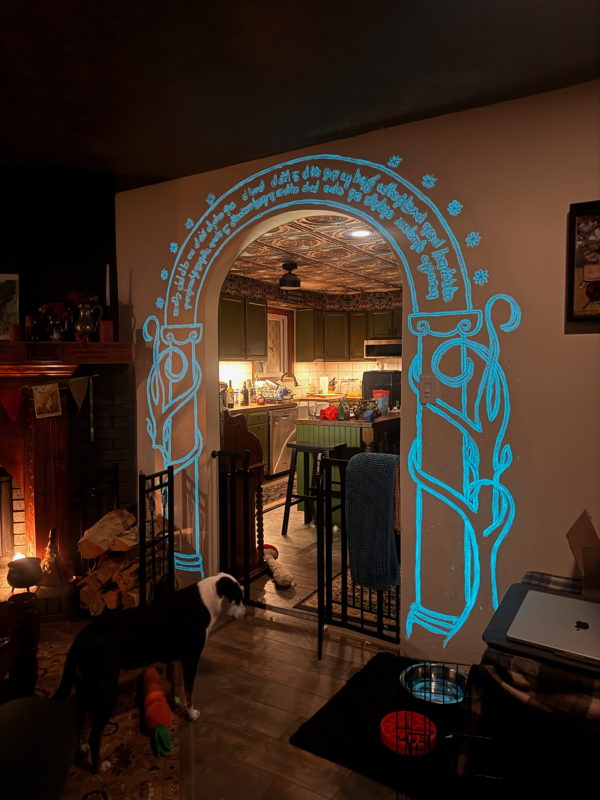 Glow in the dark Door of Durin mural in my living room