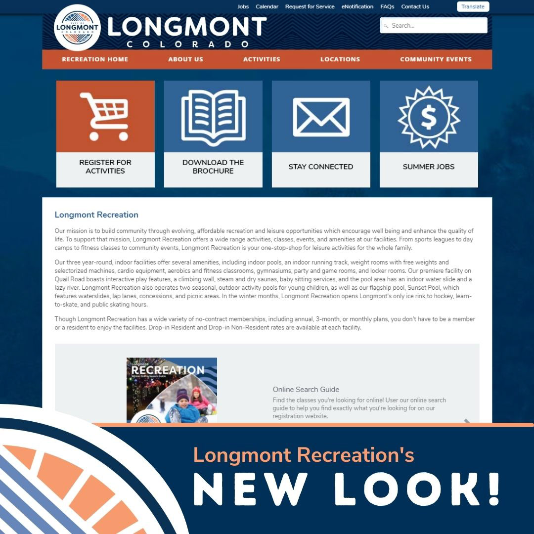 screen capture of the longmont recreation microsite home page