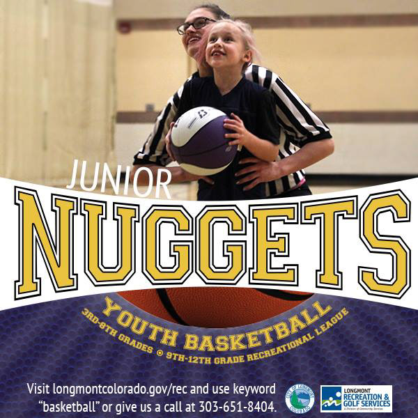 Referee lifting young girl to dunk a basketball advertisement for Junior Leagues signup