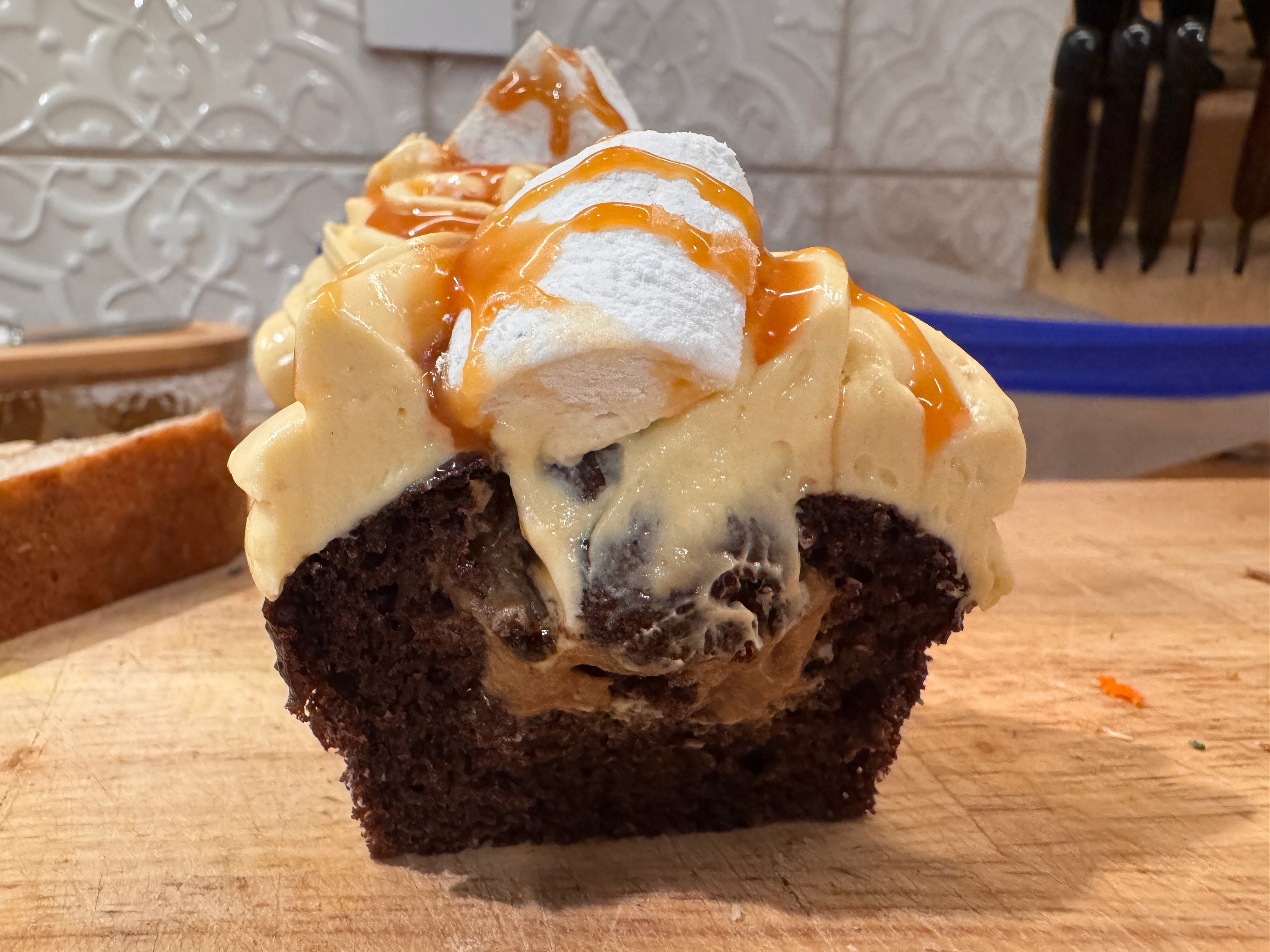 Coffee mousse, chocolate cake, salted caramel frosting and homemade marshmallows