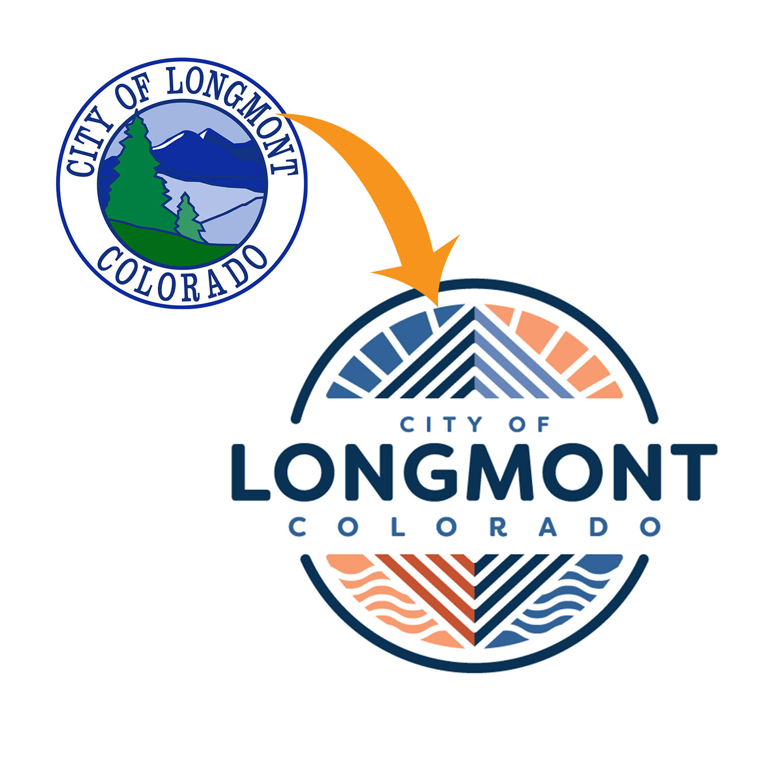 Old City of Longmont logo in the upper left with an arrow pointing to the new City of Longmont logo.