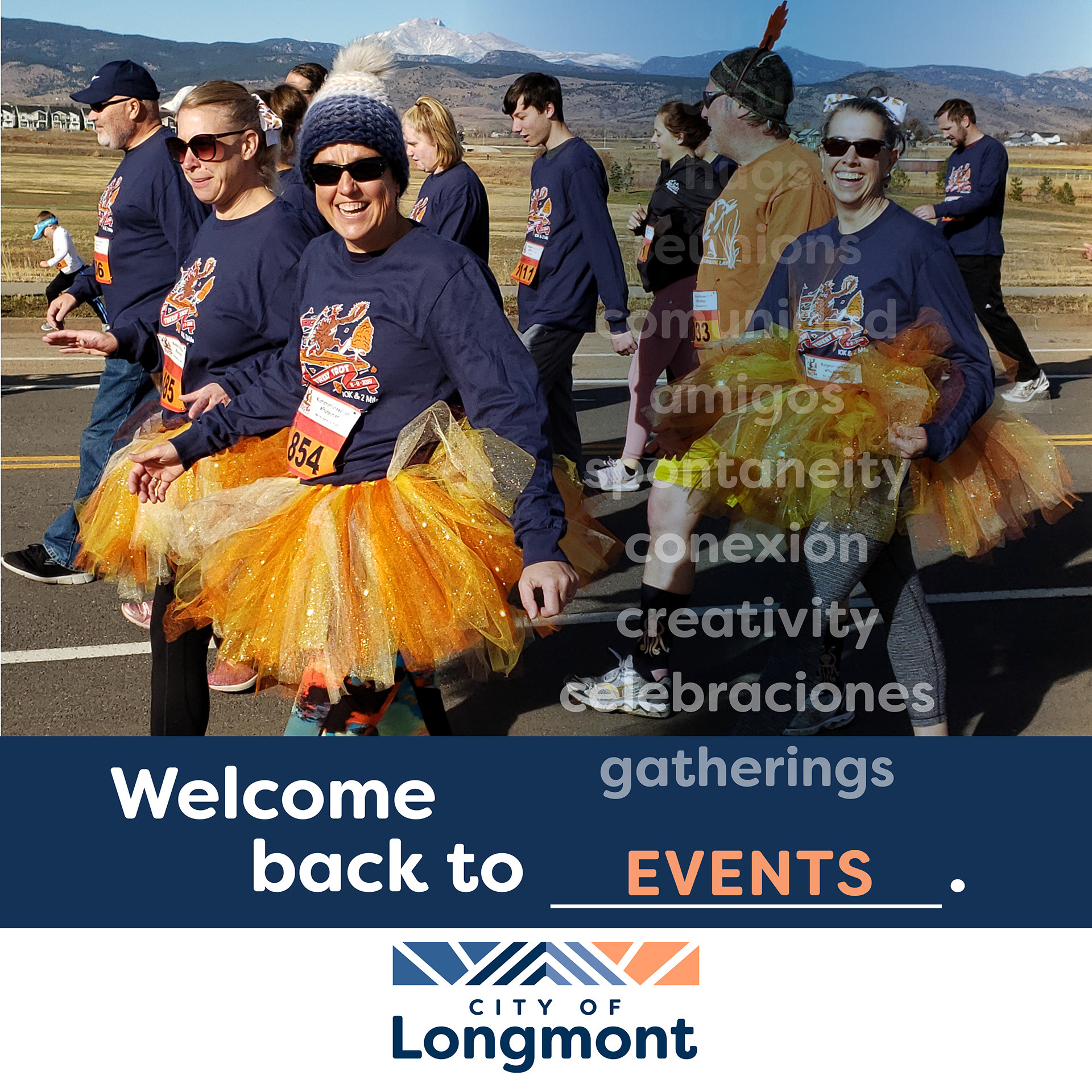 bilingual list of celebratory words overlaid on some turkey trot walkers smiling in orange tutus.