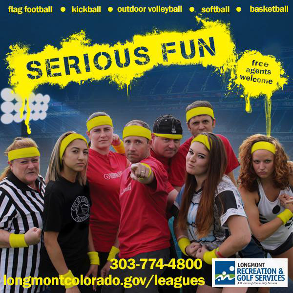 Group of adults in sweatbands being silly to advertise Longmont League signups