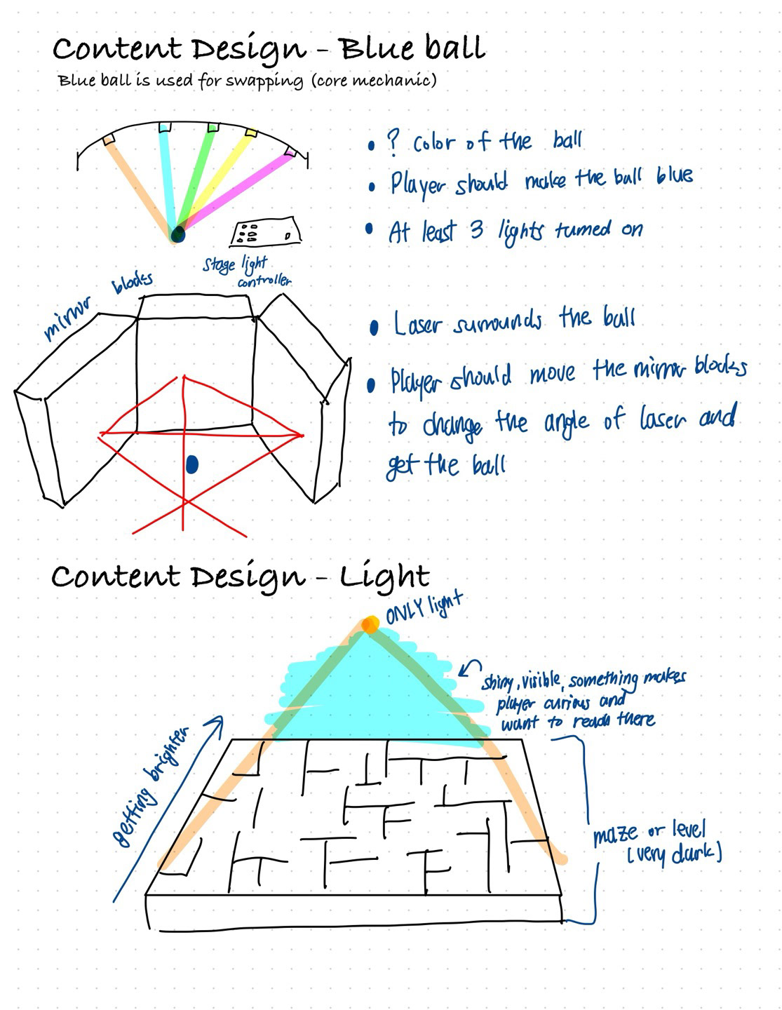 Content Design - create unique user experience of blue balls & Content Design - using light for special user experience based on narrative