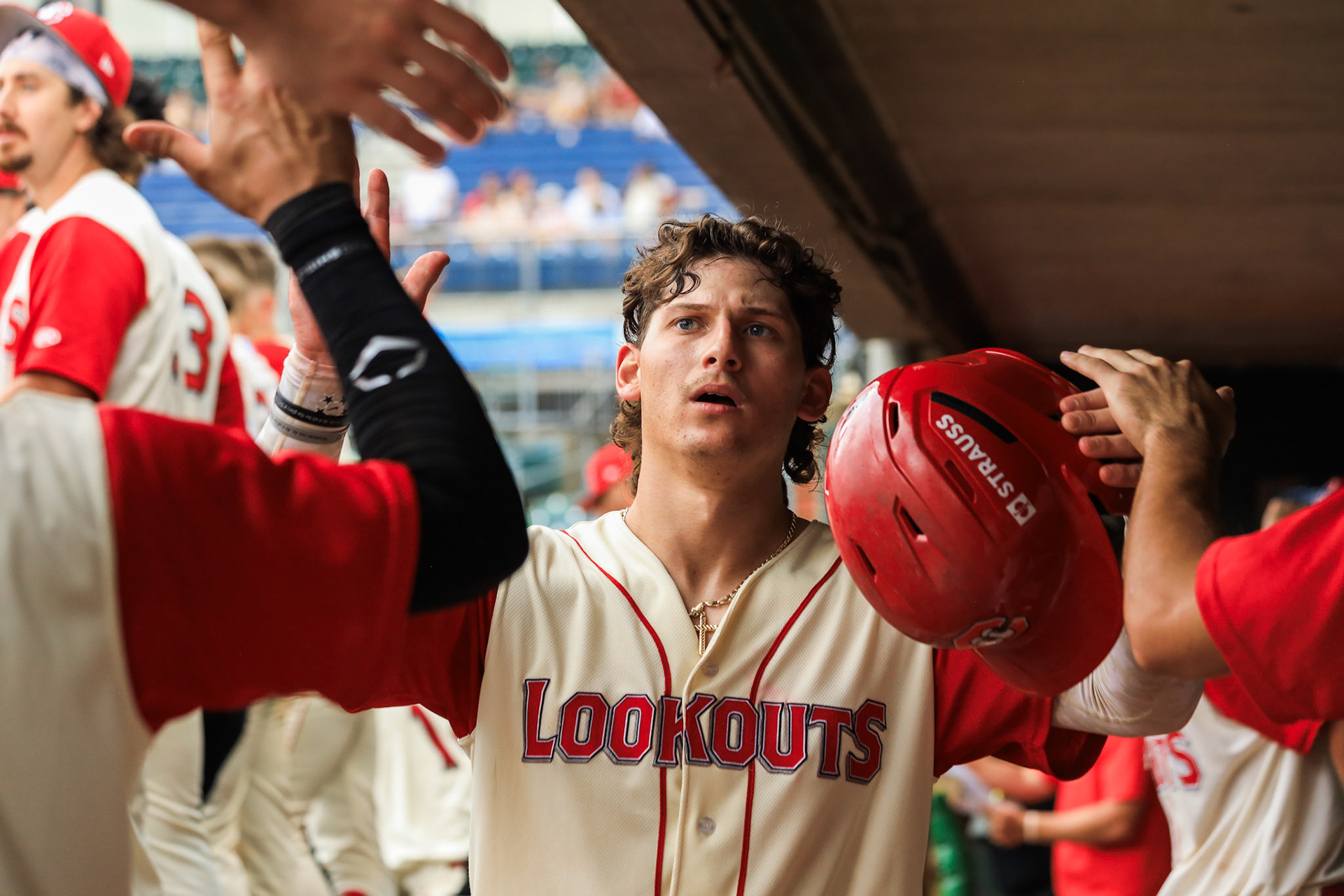Lookouts vs. Blue Wahoos 6.29 - Austin Hendrick dugout celebration